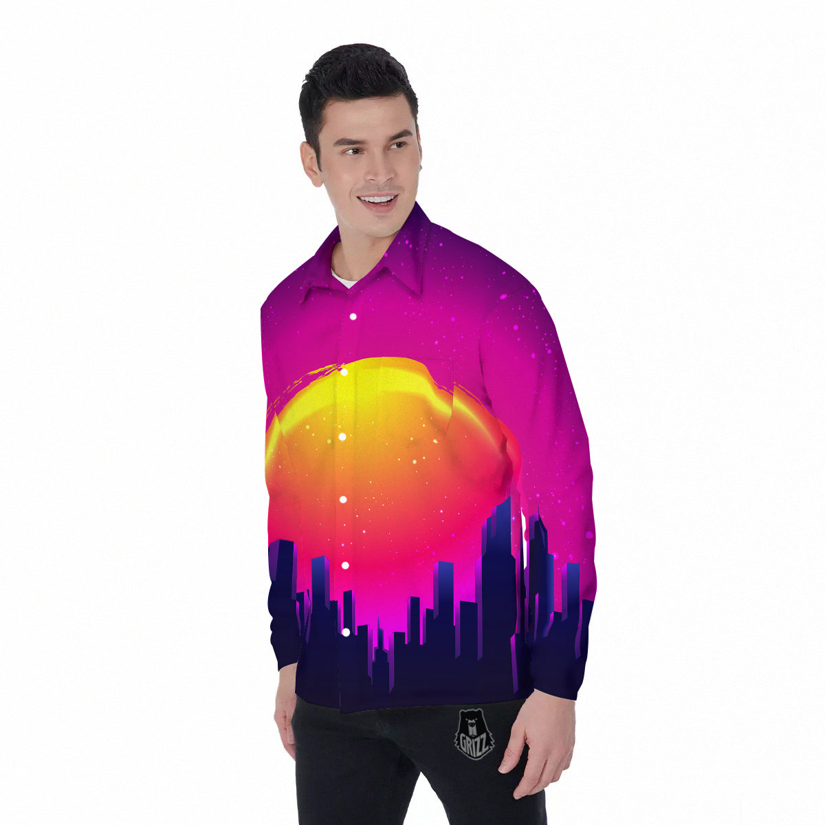 Retro City Sunrise Print Men's Long Sleeve Shirts-grizzshop