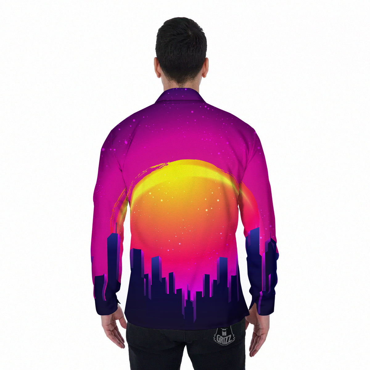 Retro City Sunrise Print Men's Long Sleeve Shirts-grizzshop