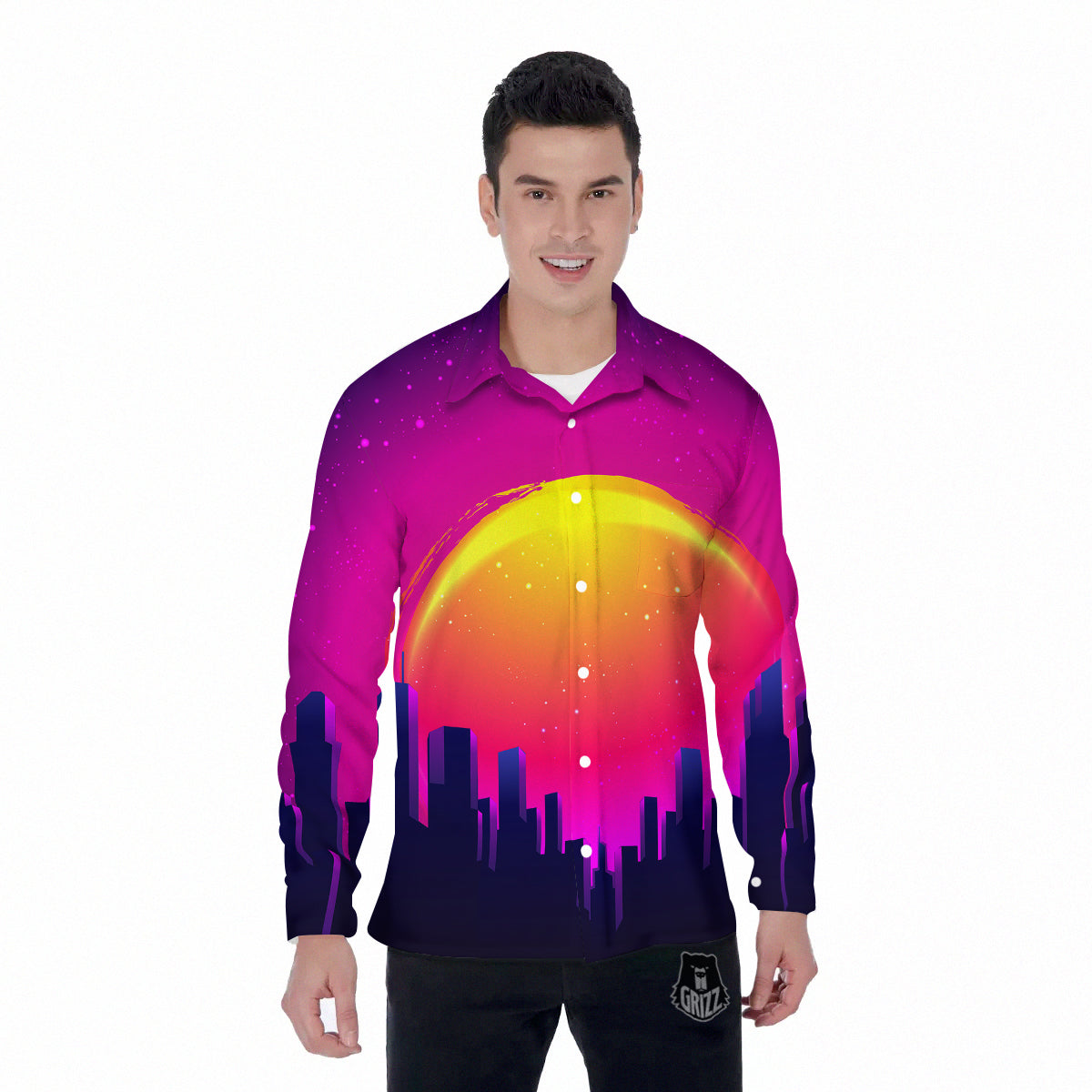 Retro City Sunrise Print Men's Long Sleeve Shirts-grizzshop