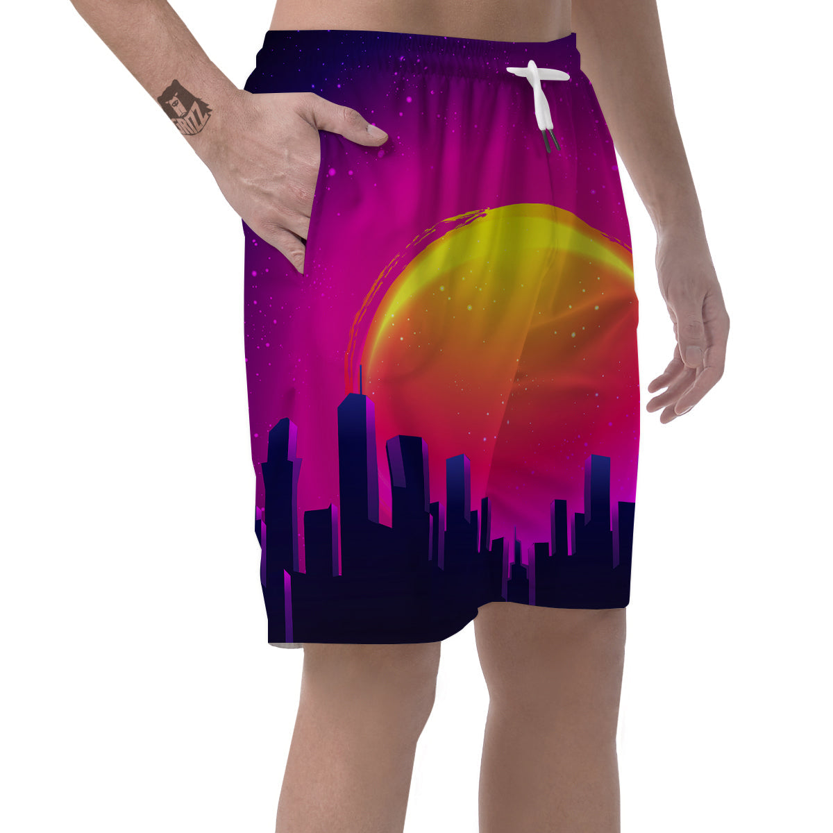 Retro City Sunrise Print Men's Shorts-grizzshop