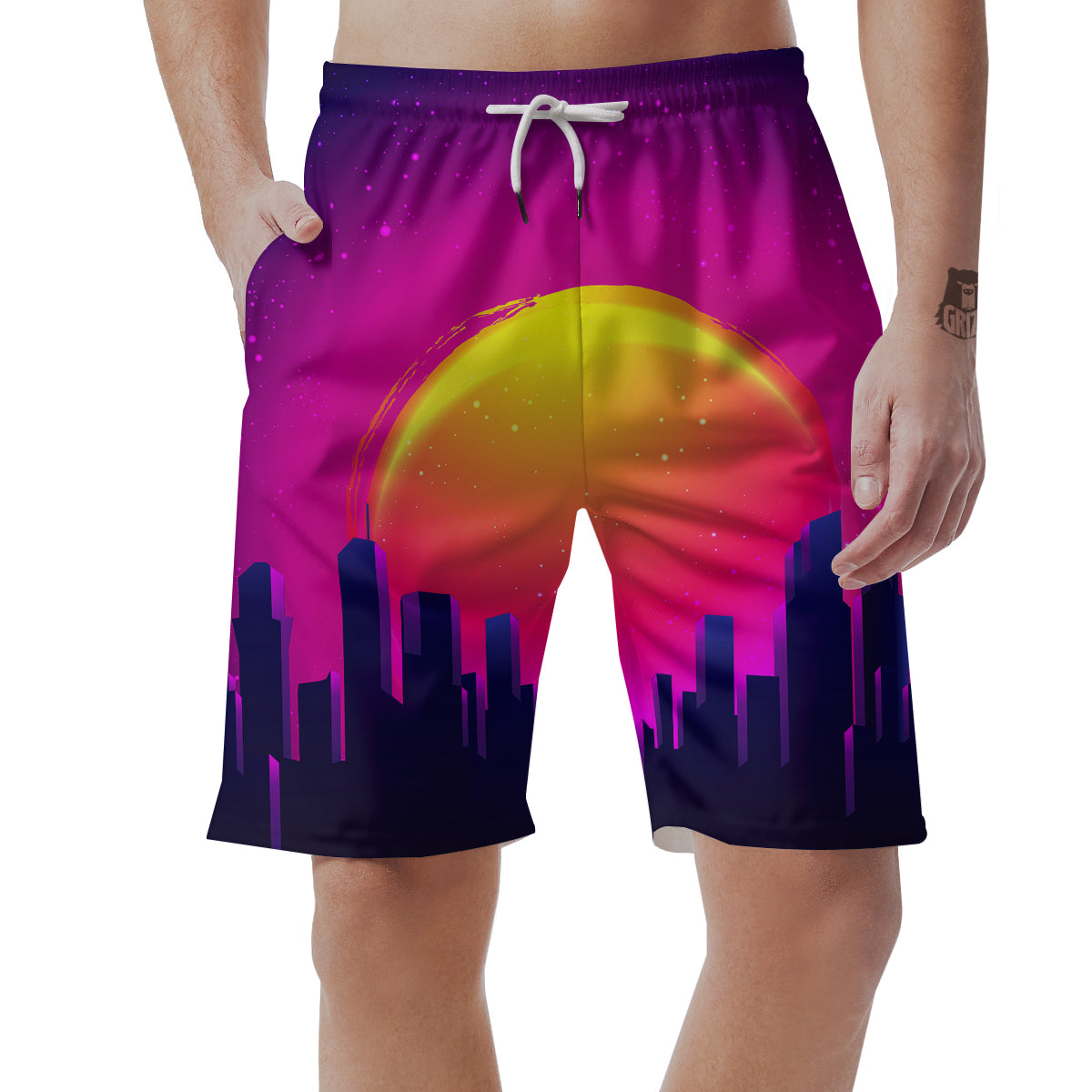 Retro City Sunrise Print Men's Shorts-grizzshop