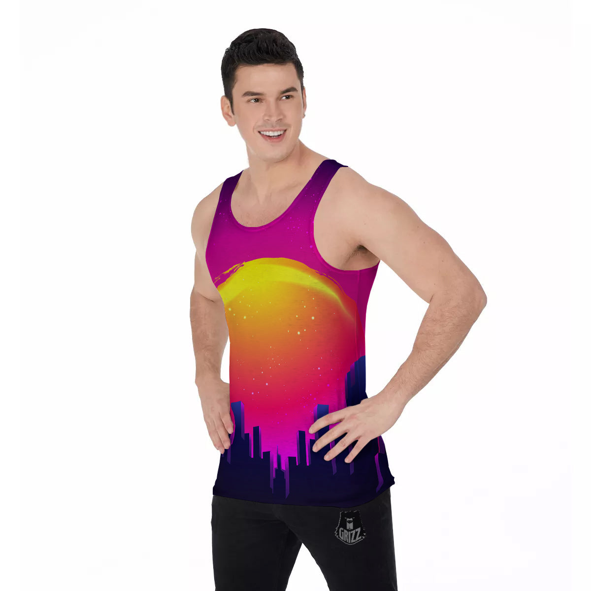 Retro City Sunrise Print Men's Tank Top-grizzshop