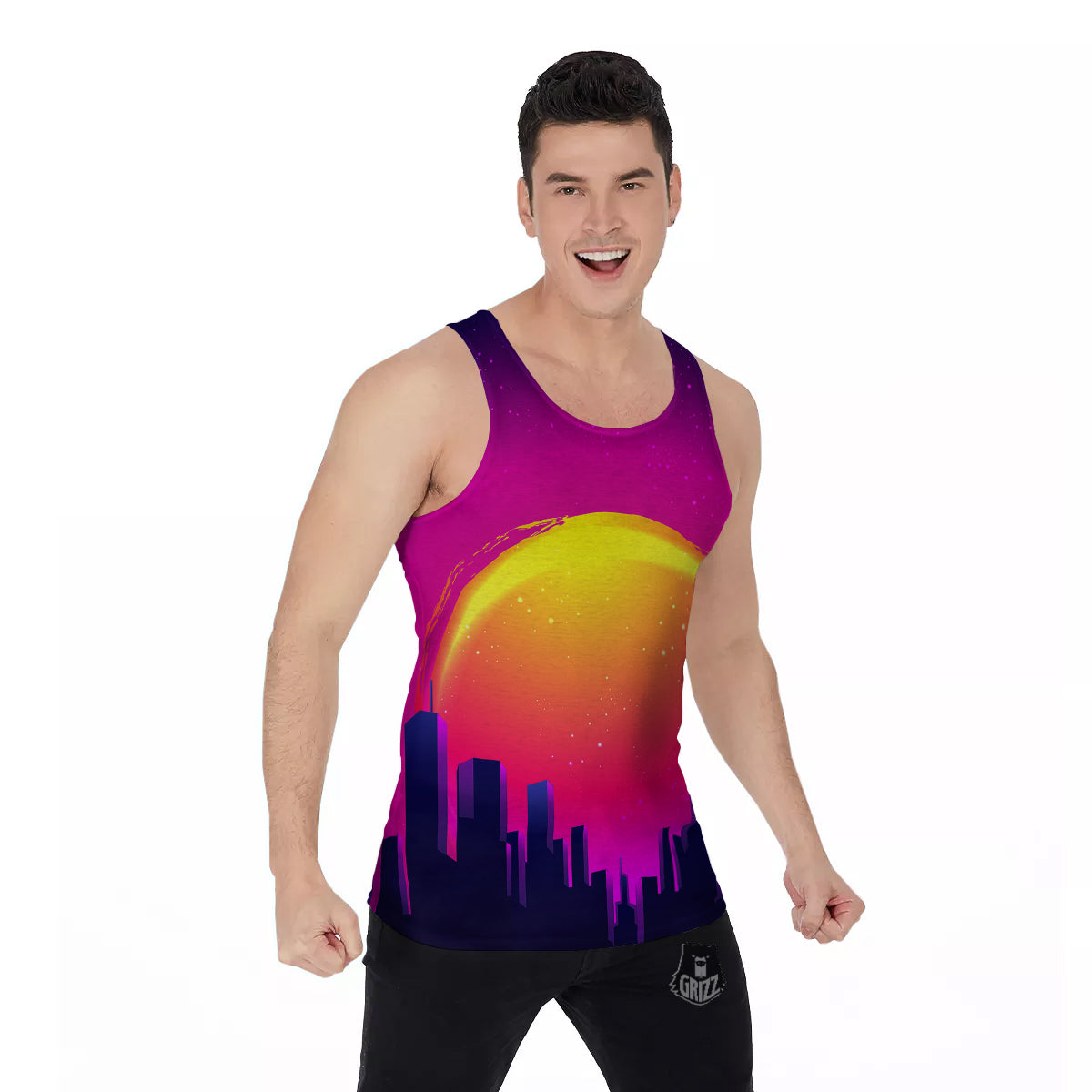 Retro City Sunrise Print Men's Tank Top-grizzshop