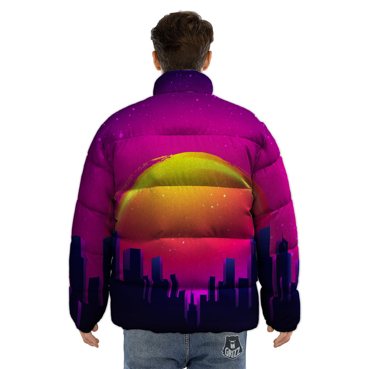 Retro City Sunrise Print Puffer Jacket-grizzshop