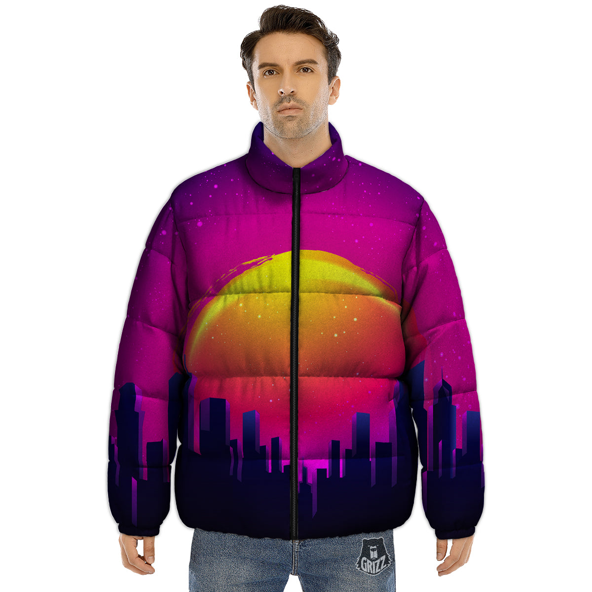 Retro City Sunrise Print Puffer Jacket-grizzshop