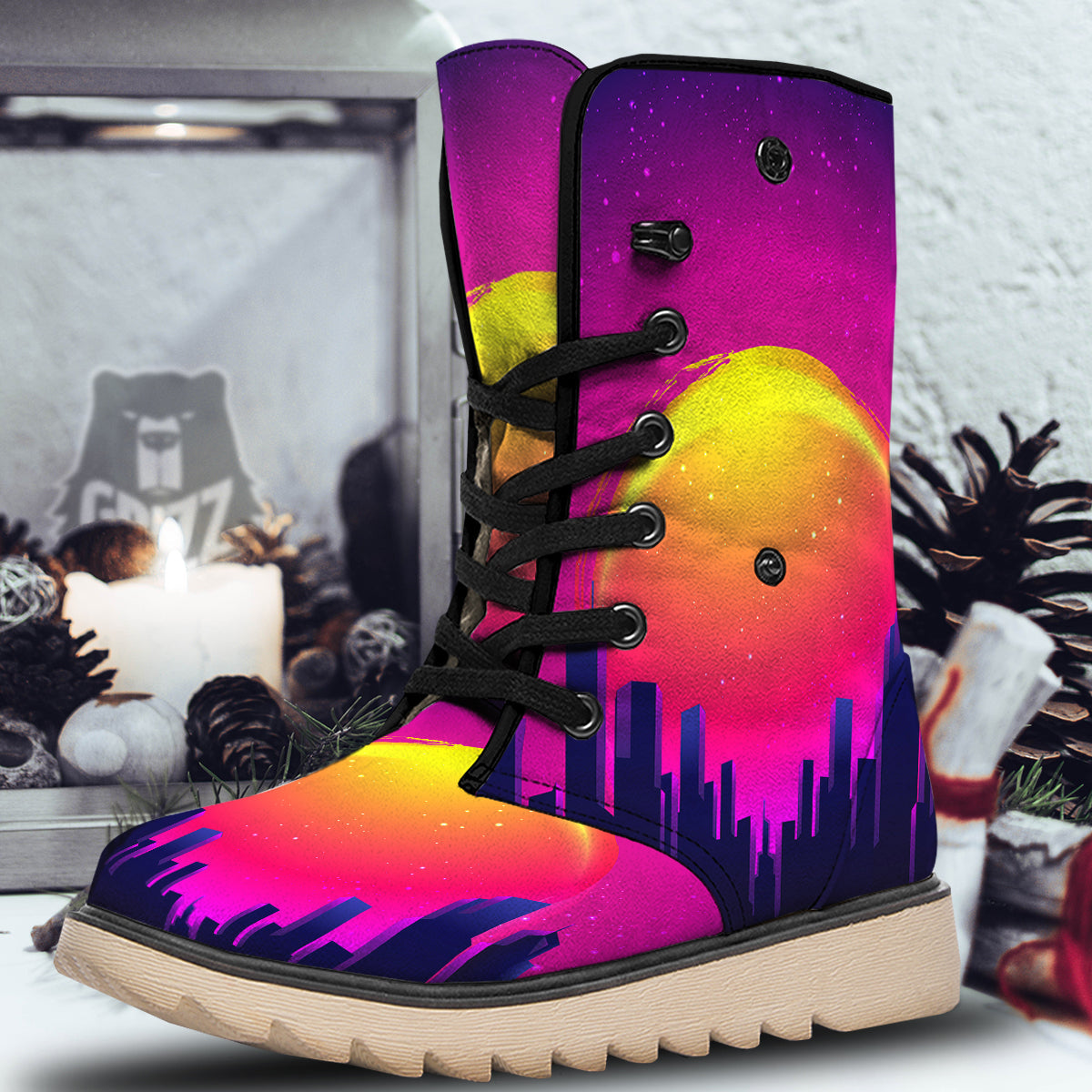 Retro City Sunrise Print Snow Boots-grizzshop