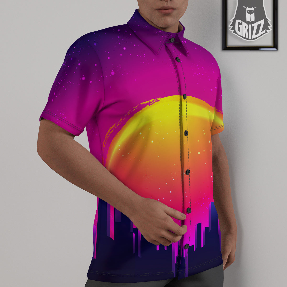 Retro City Sunrise Print Untucked Shirts-grizzshop