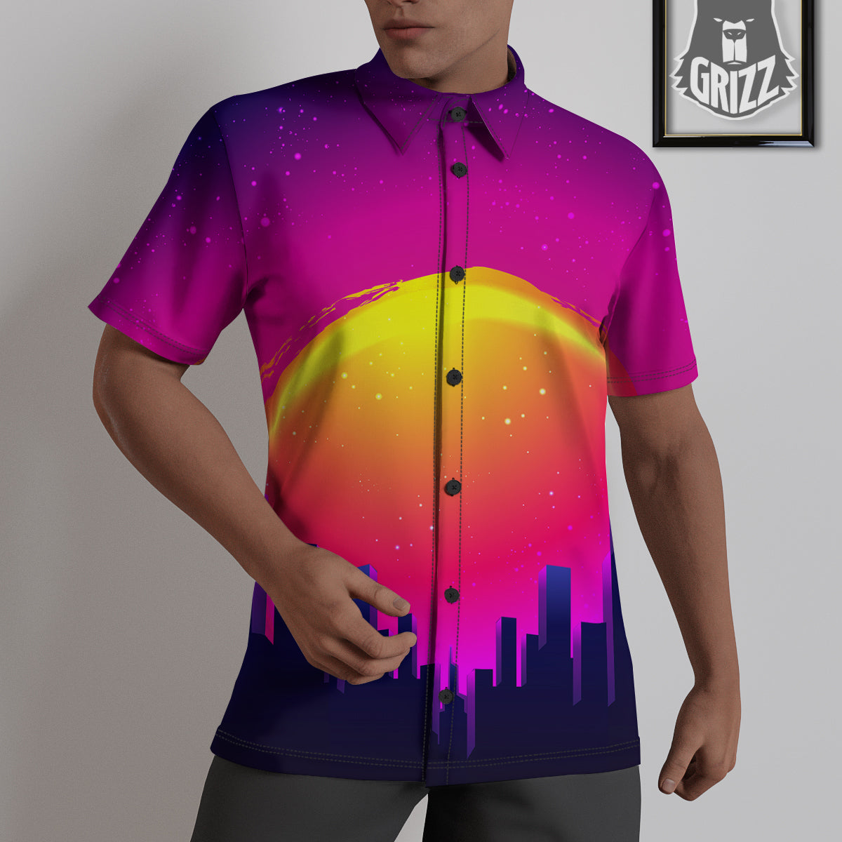 Retro City Sunrise Print Untucked Shirts-grizzshop