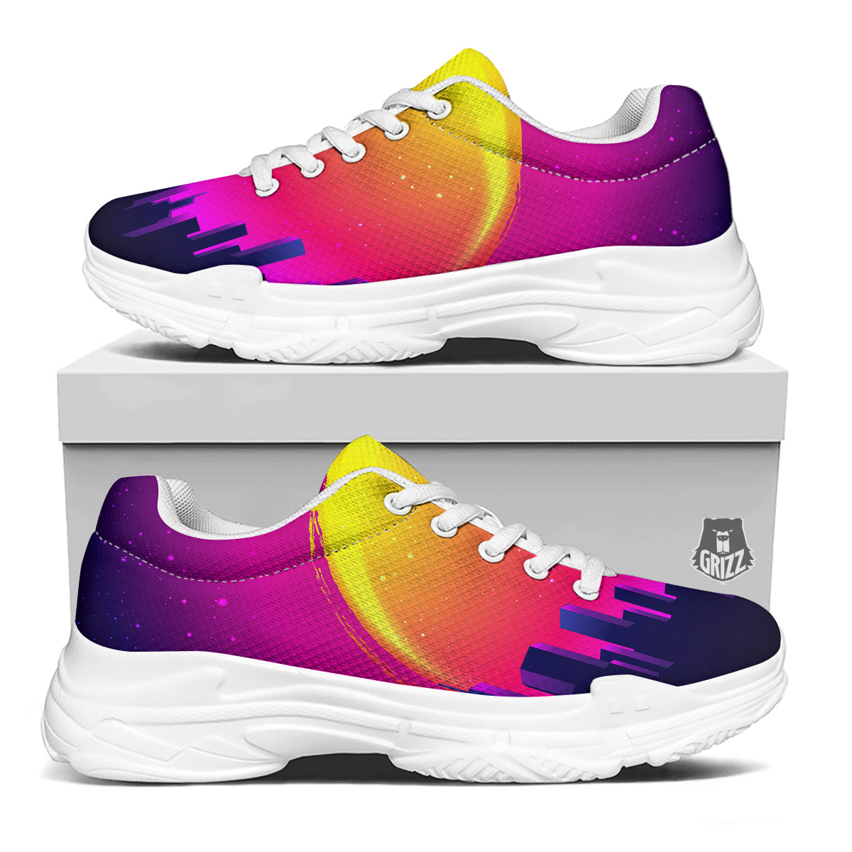 Retro City Sunrise Print White Chunky Shoes-grizzshop