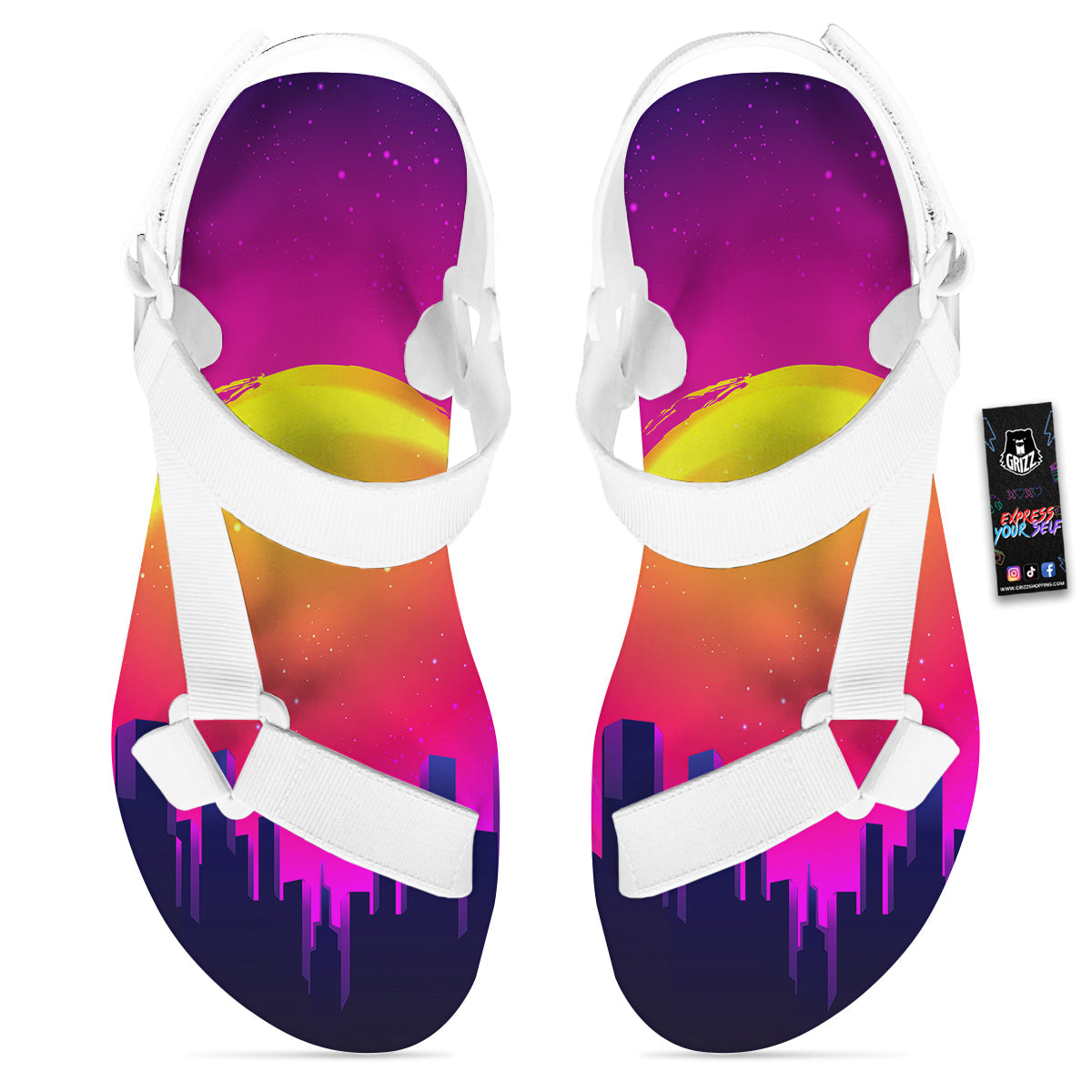 Retro City Sunrise Print White Open Toe Sandals-grizzshop