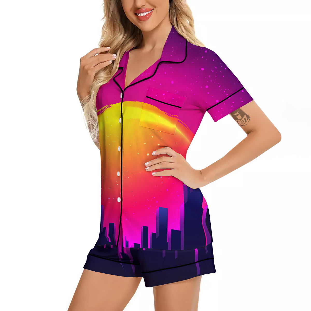 Retro City Sunrise Print Women Silk Pajamas-grizzshop