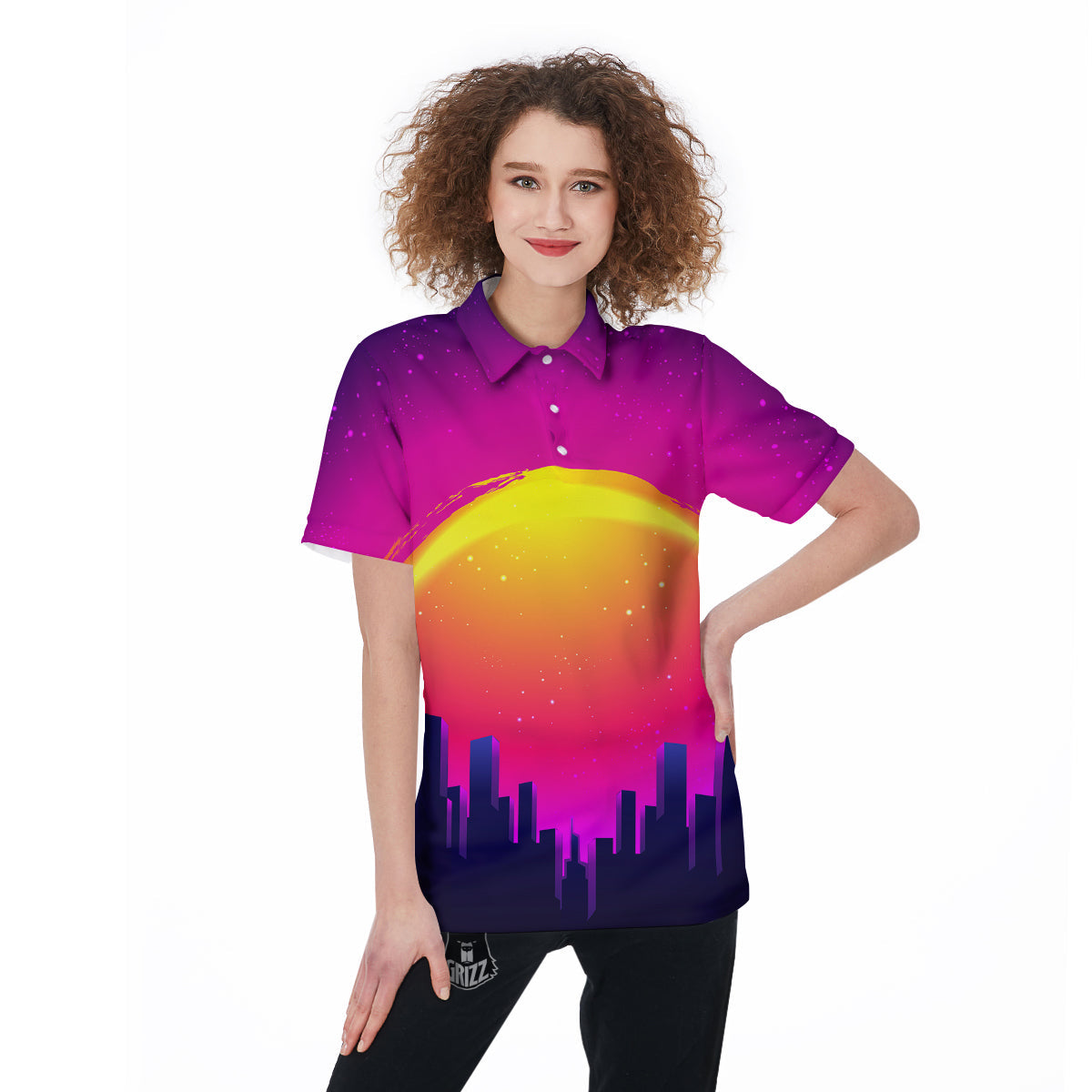 Retro City Sunrise Print Women's Golf Shirts-grizzshop