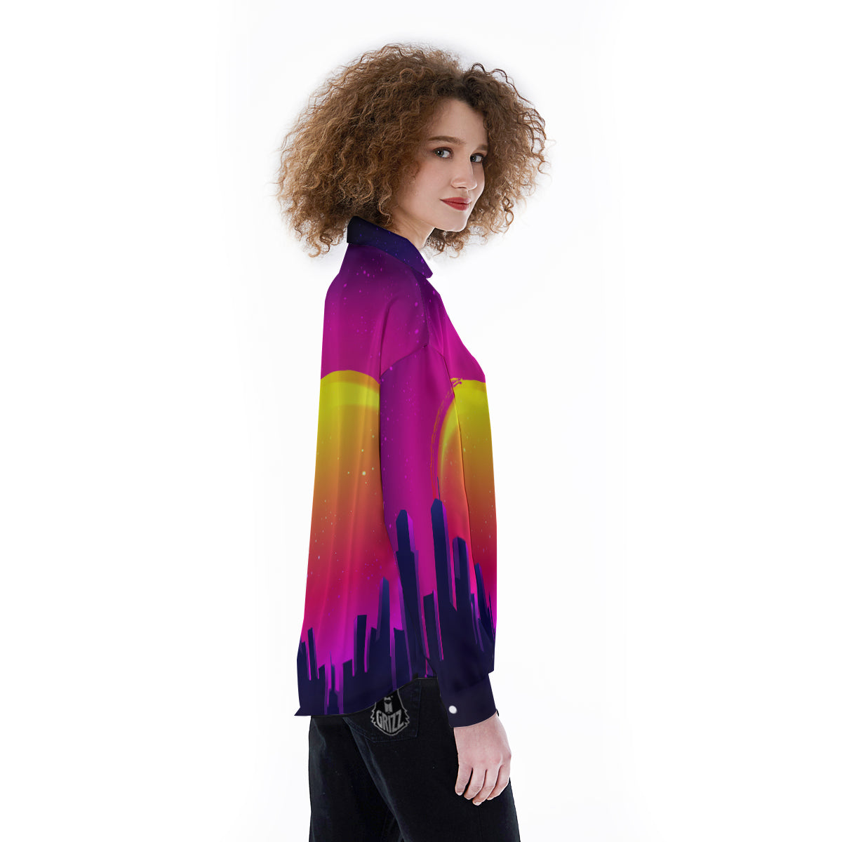 Retro City Sunrise Print Women's Long Sleeve Shirts-grizzshop