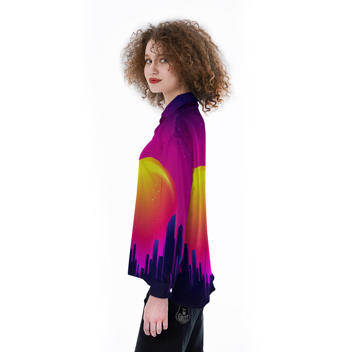 Retro City Sunrise Print Women's Long Sleeve Shirts-grizzshop