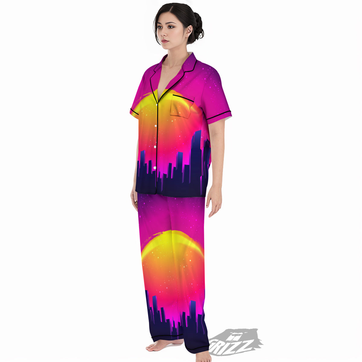 Retro City Sunrise Print Women's Pajamas Set-grizzshop