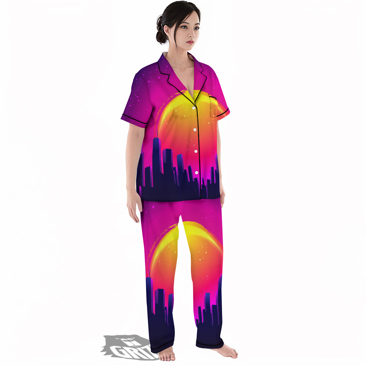Retro City Sunrise Print Women's Pajamas Set-grizzshop