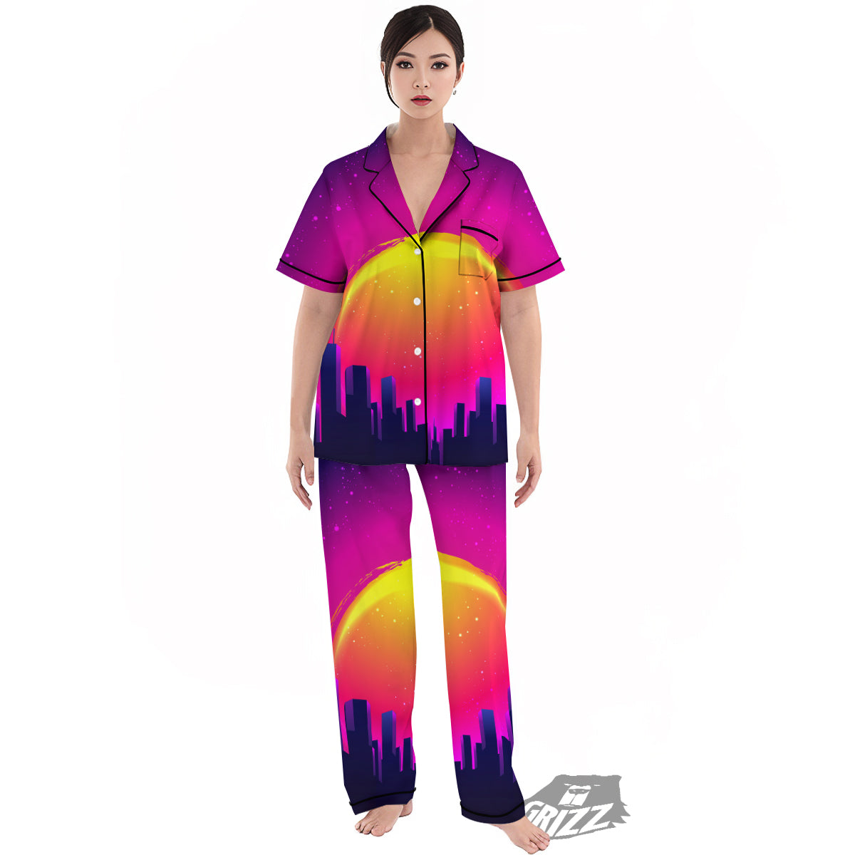 Retro City Sunrise Print Women's Pajamas Set-grizzshop