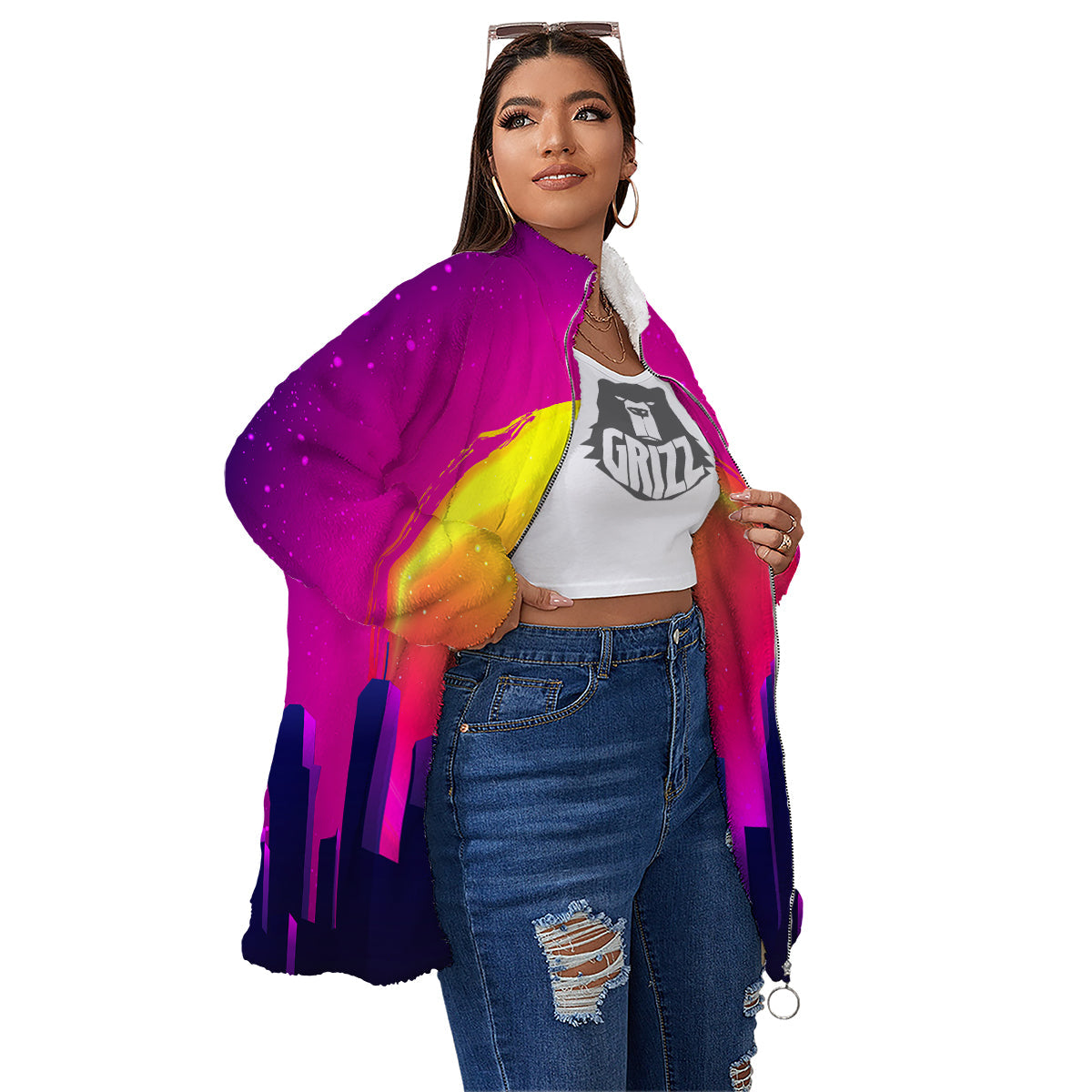 Retro City Sunrise Print Women's Sherpa Jacket-grizzshop