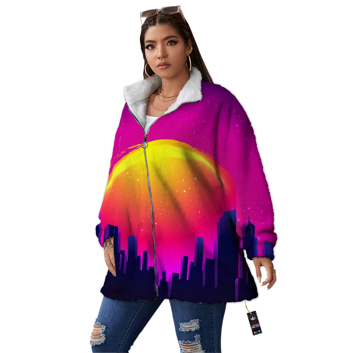 Retro City Sunrise Print Women's Sherpa Jacket-grizzshop