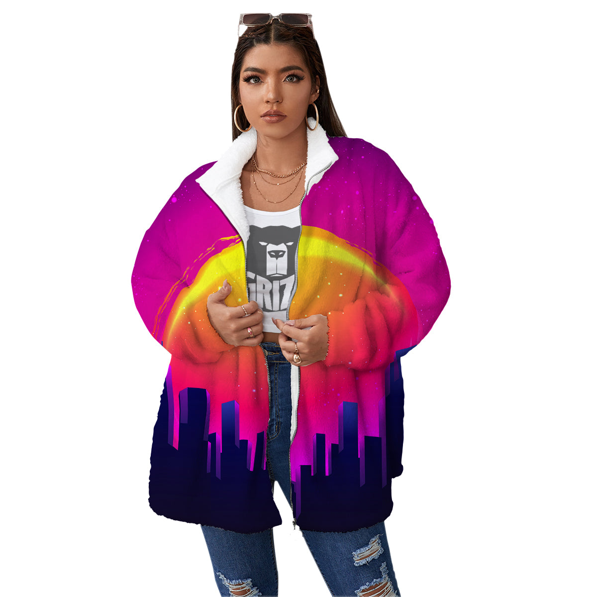 Retro City Sunrise Print Women's Sherpa Jacket-grizzshop