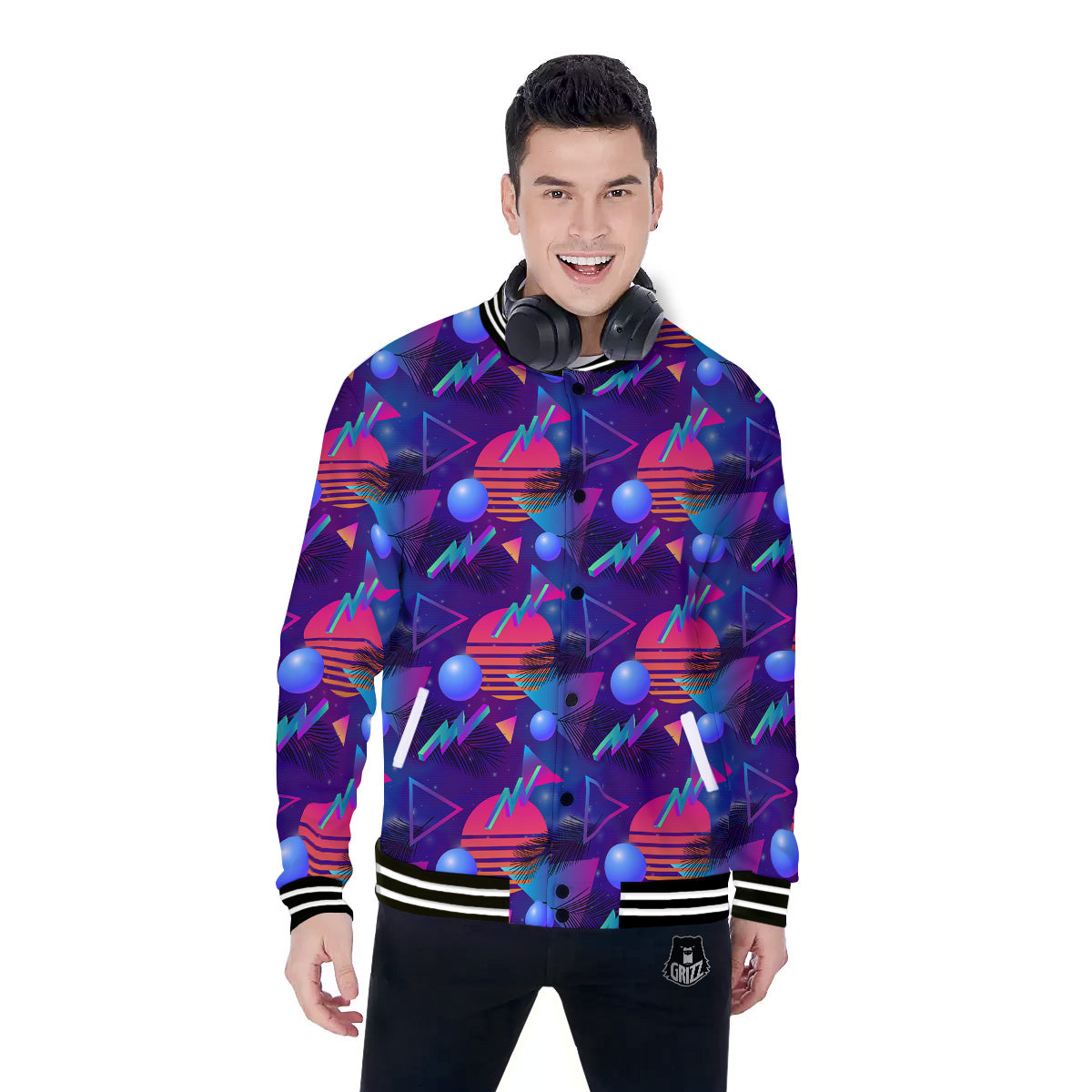 Retro Futuristic Neon Theme Print Pattern Baseball Jacket-grizzshop