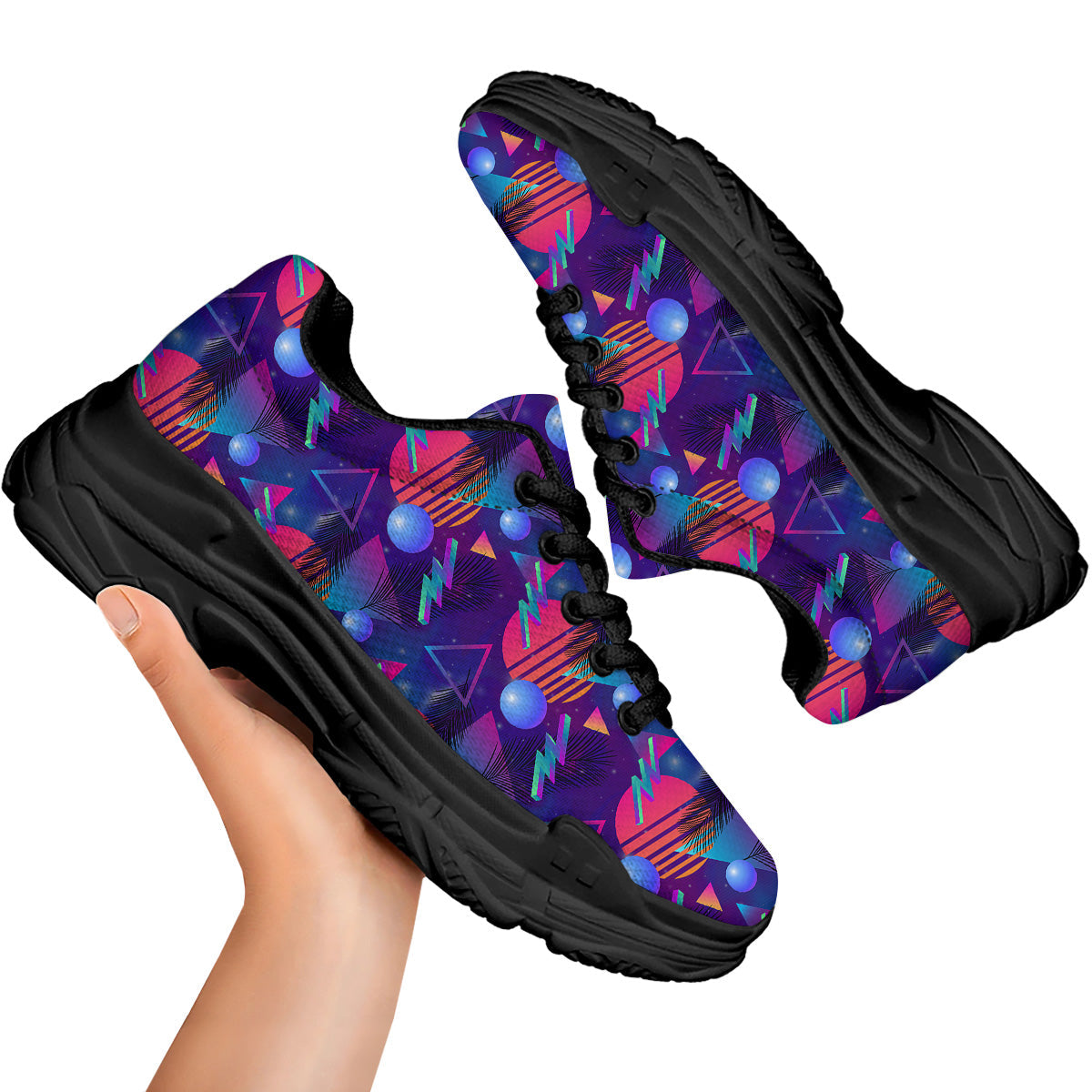 Retro Futuristic Neon Theme Print Pattern Black Chunky Shoes-grizzshop