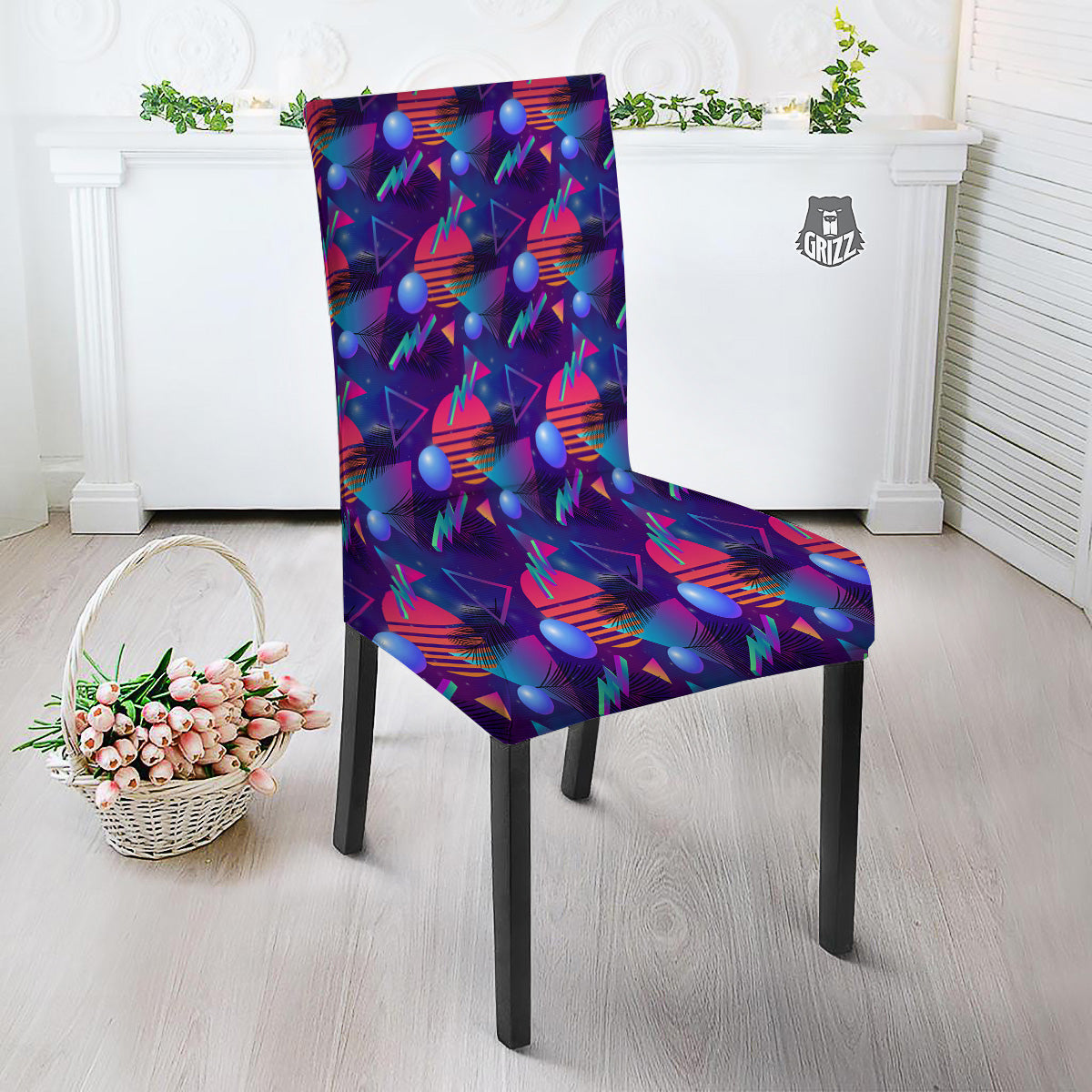 Retro Futuristic Neon Theme Print Pattern Dining Chair Slipcover-grizzshop