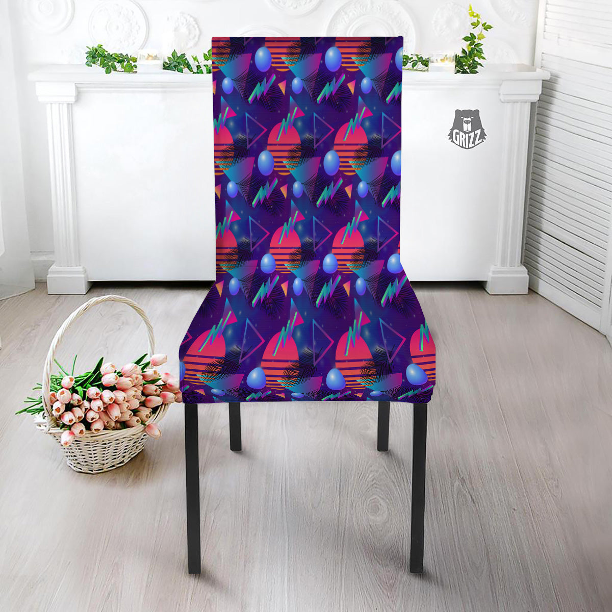 Retro Futuristic Neon Theme Print Pattern Dining Chair Slipcover-grizzshop