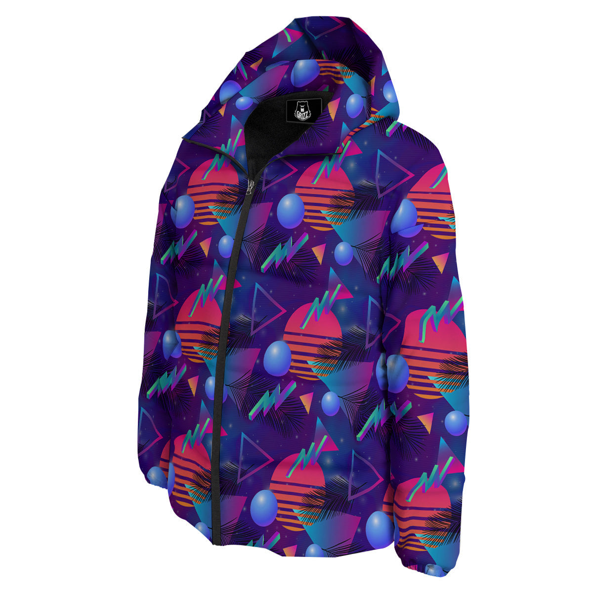 Retro Futuristic Neon Theme Print Pattern Down Jacket-grizzshop