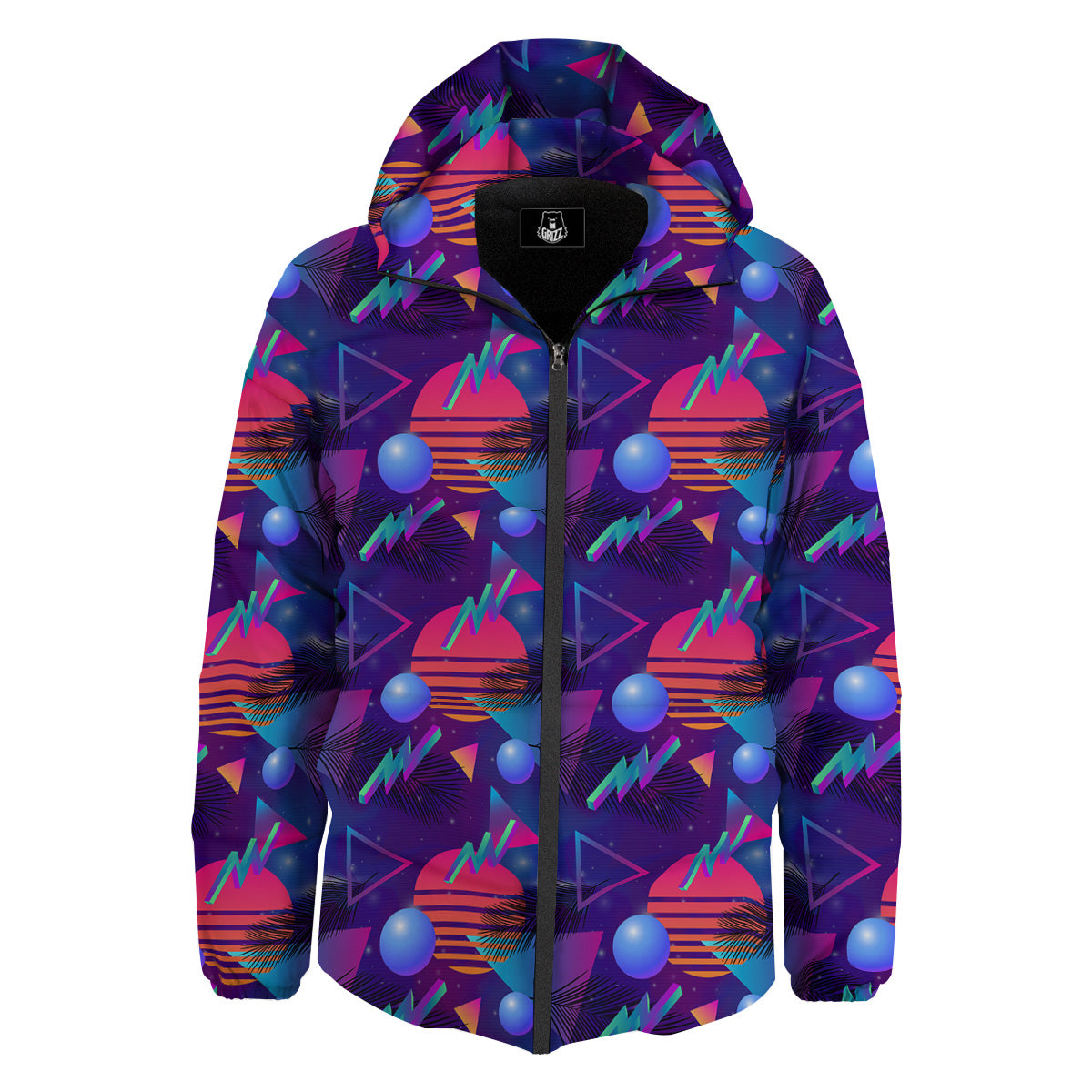 Retro Futuristic Neon Theme Print Pattern Down Jacket-grizzshop