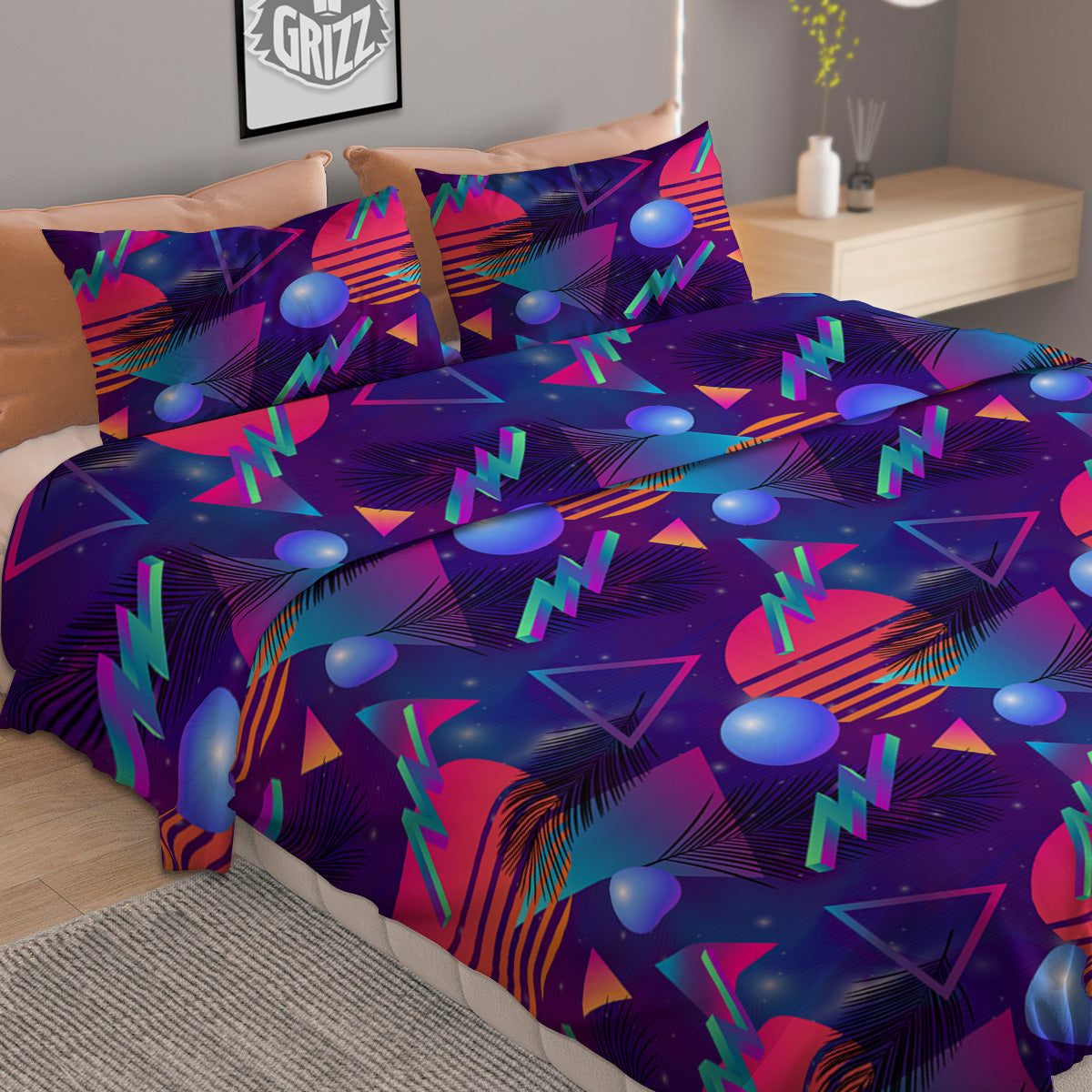 Retro Futuristic Neon Theme Print Pattern Duvet Cover Bedding Set