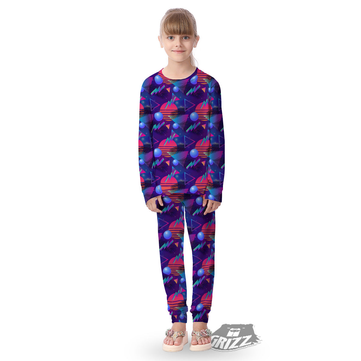 Retro Futuristic Neon Theme Print Pattern Kid's Pajamas-grizzshop