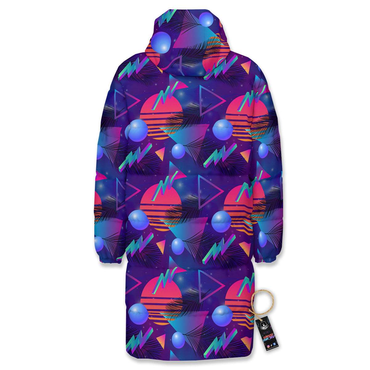 Retro Futuristic Neon Theme Print Pattern Long Down Jacket-grizzshop