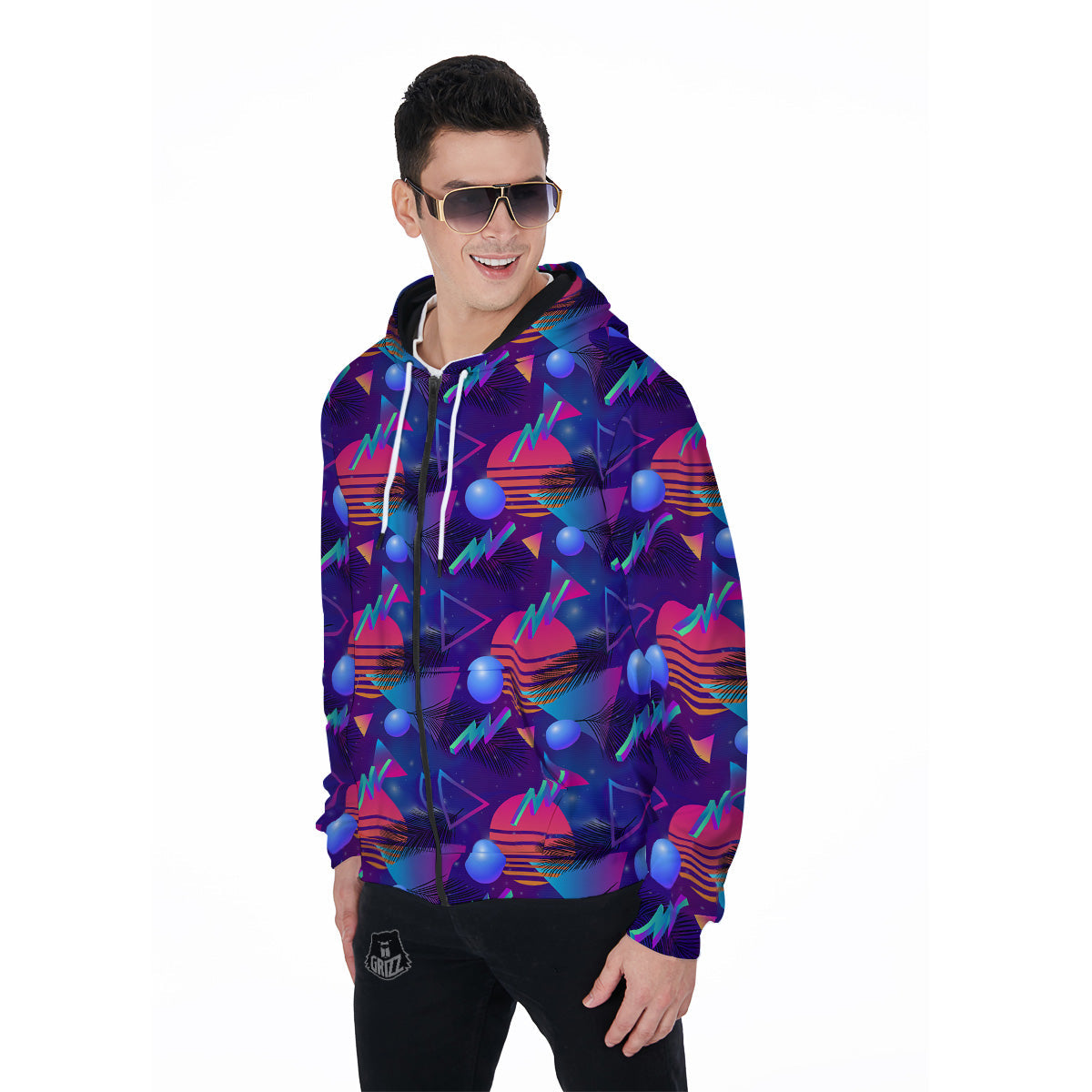 Retro Futuristic Neon Theme Print Pattern Men's Zip Up Hoodie-grizzshop