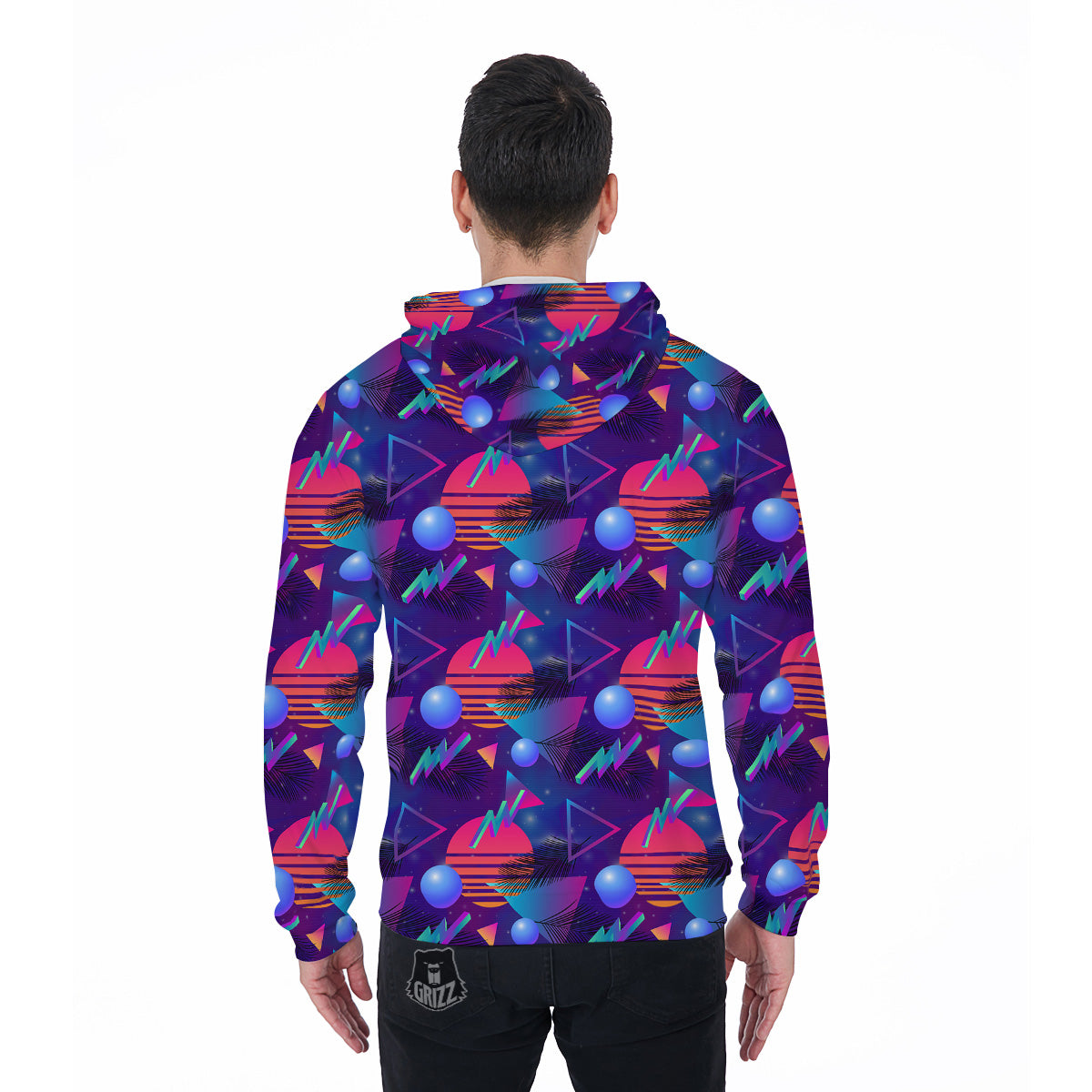 Retro Futuristic Neon Theme Print Pattern Men's Zip Up Hoodie-grizzshop