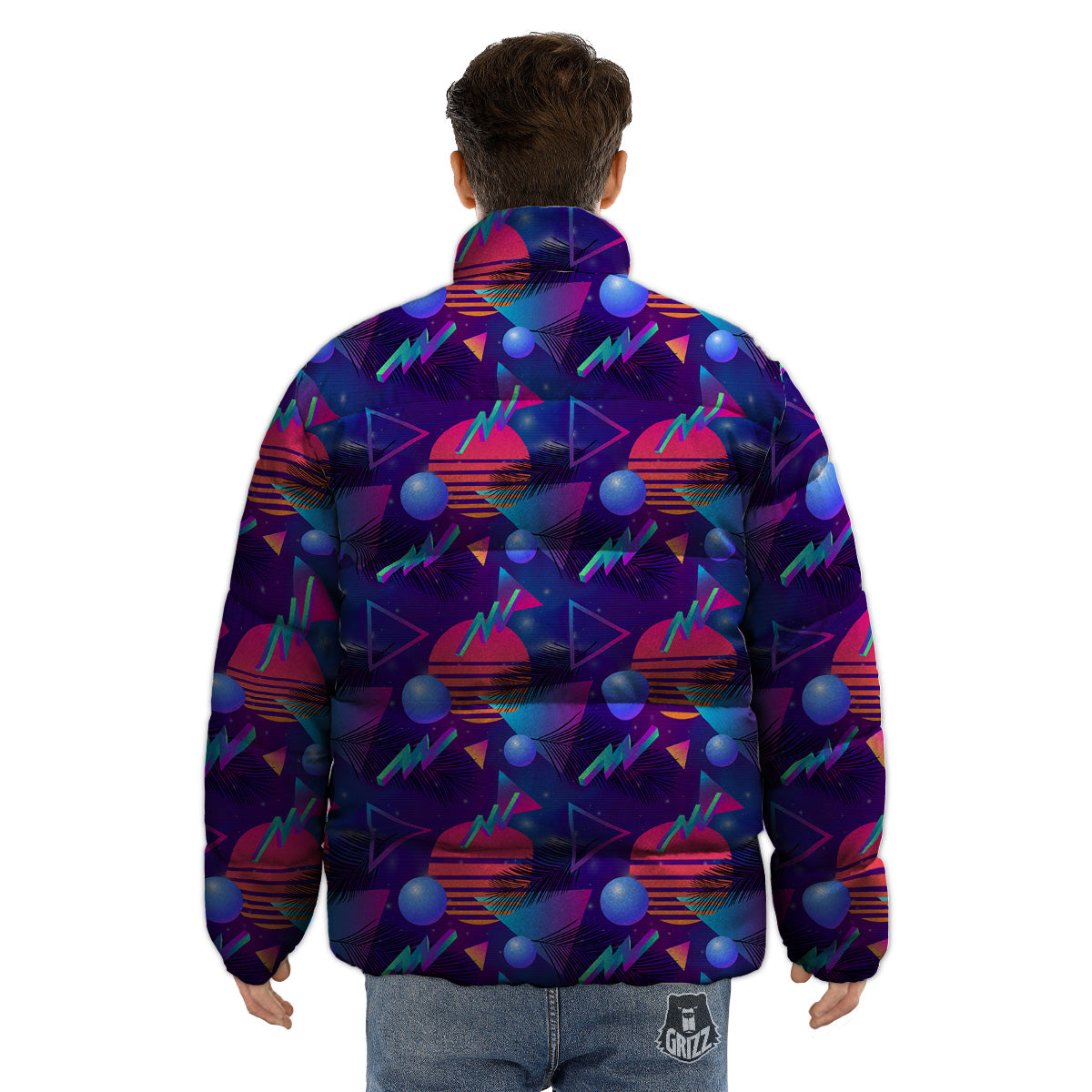 Retro Futuristic Neon Theme Print Pattern Puffer Jacket-grizzshop
