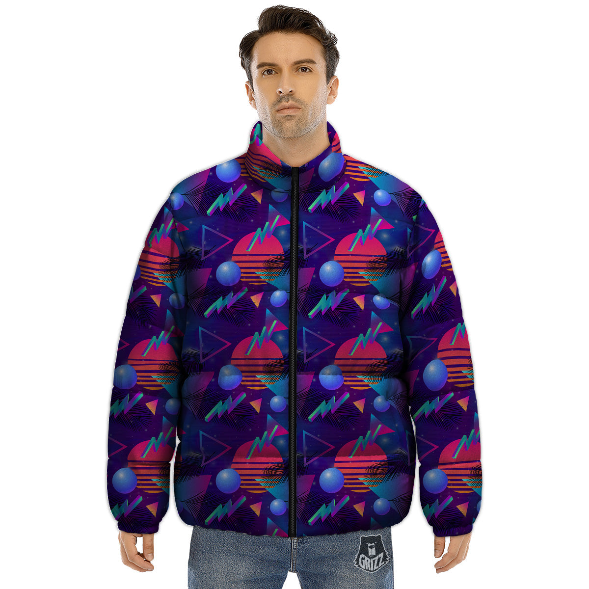 Retro Futuristic Neon Theme Print Pattern Puffer Jacket-grizzshop