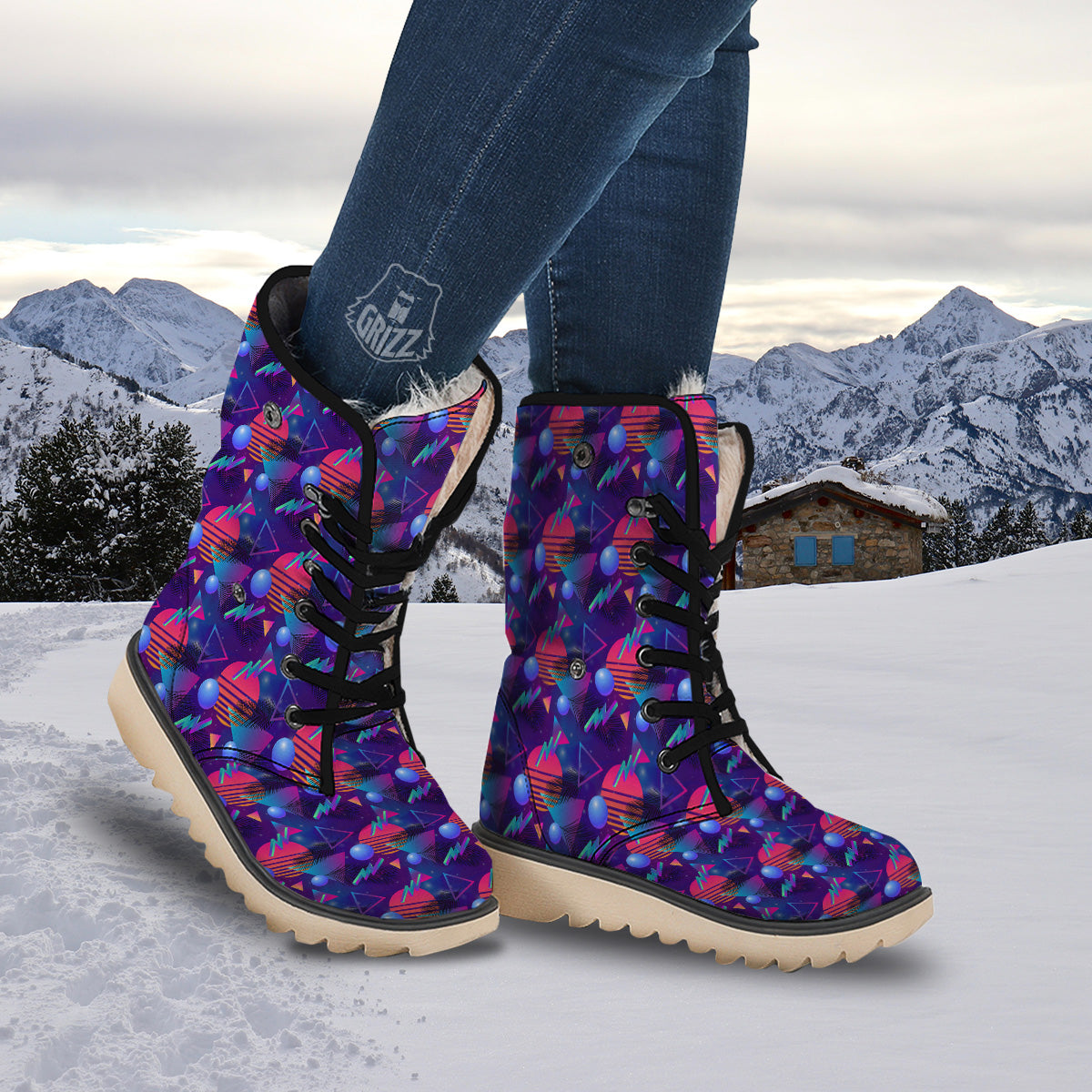 Retro Futuristic Neon Theme Print Pattern Snow Boots-grizzshop