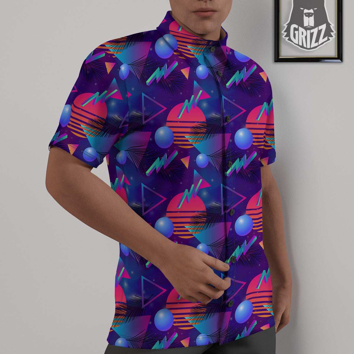 Retro Futuristic Neon Theme Print Pattern Untucked Shirts-grizzshop