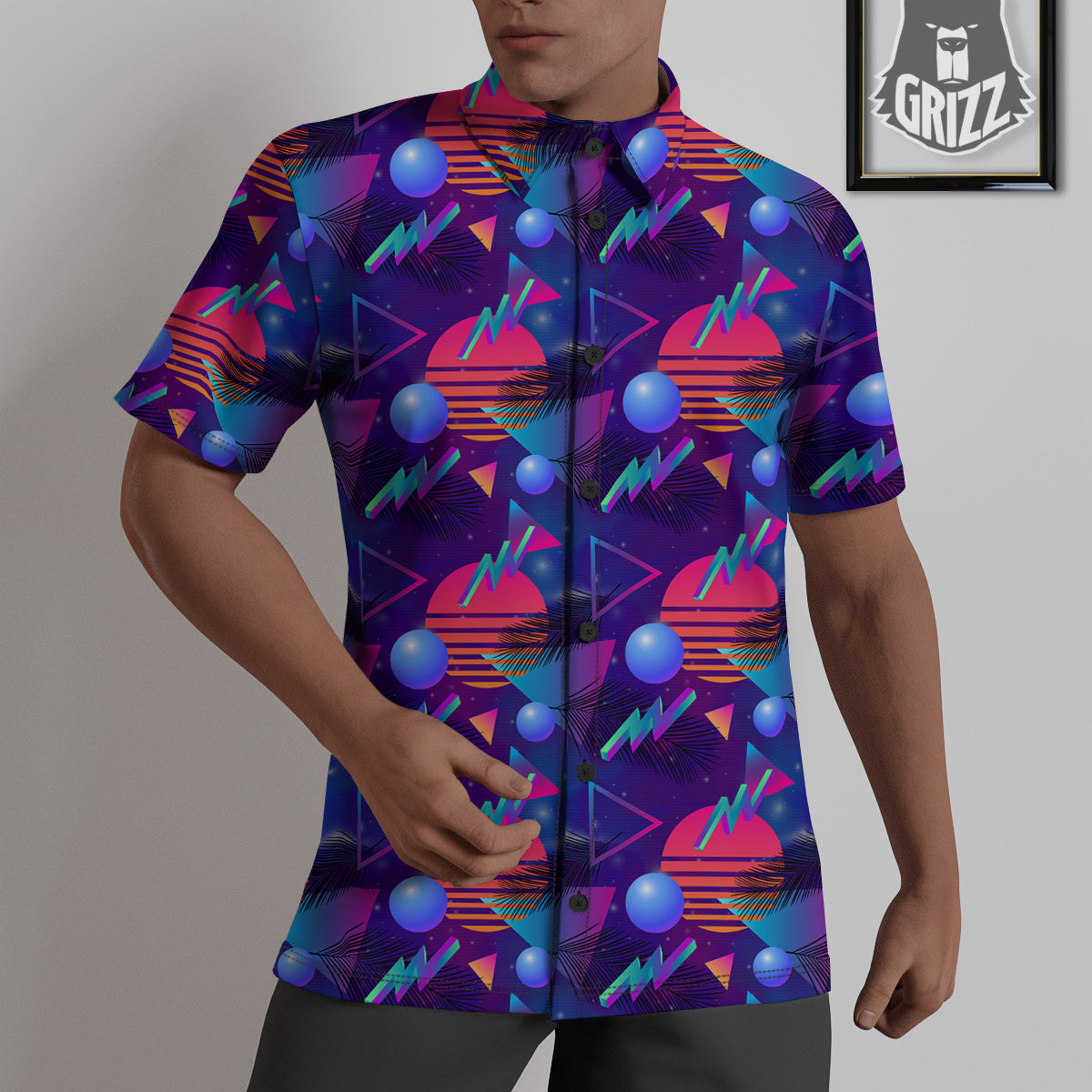 Retro Futuristic Neon Theme Print Pattern Untucked Shirts-grizzshop