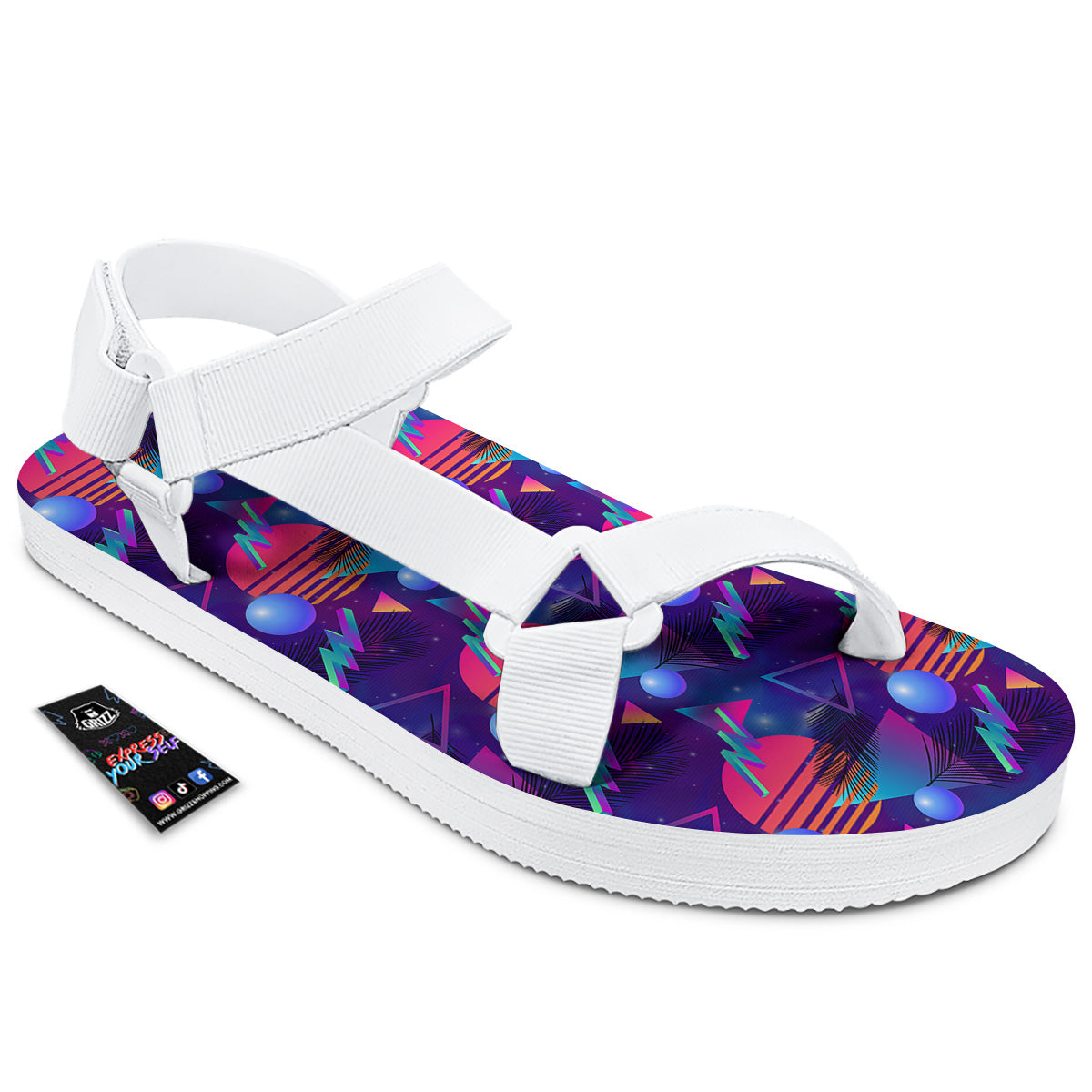 Retro Futuristic Neon Theme Print Pattern White Open Toe Sandals-grizzshop