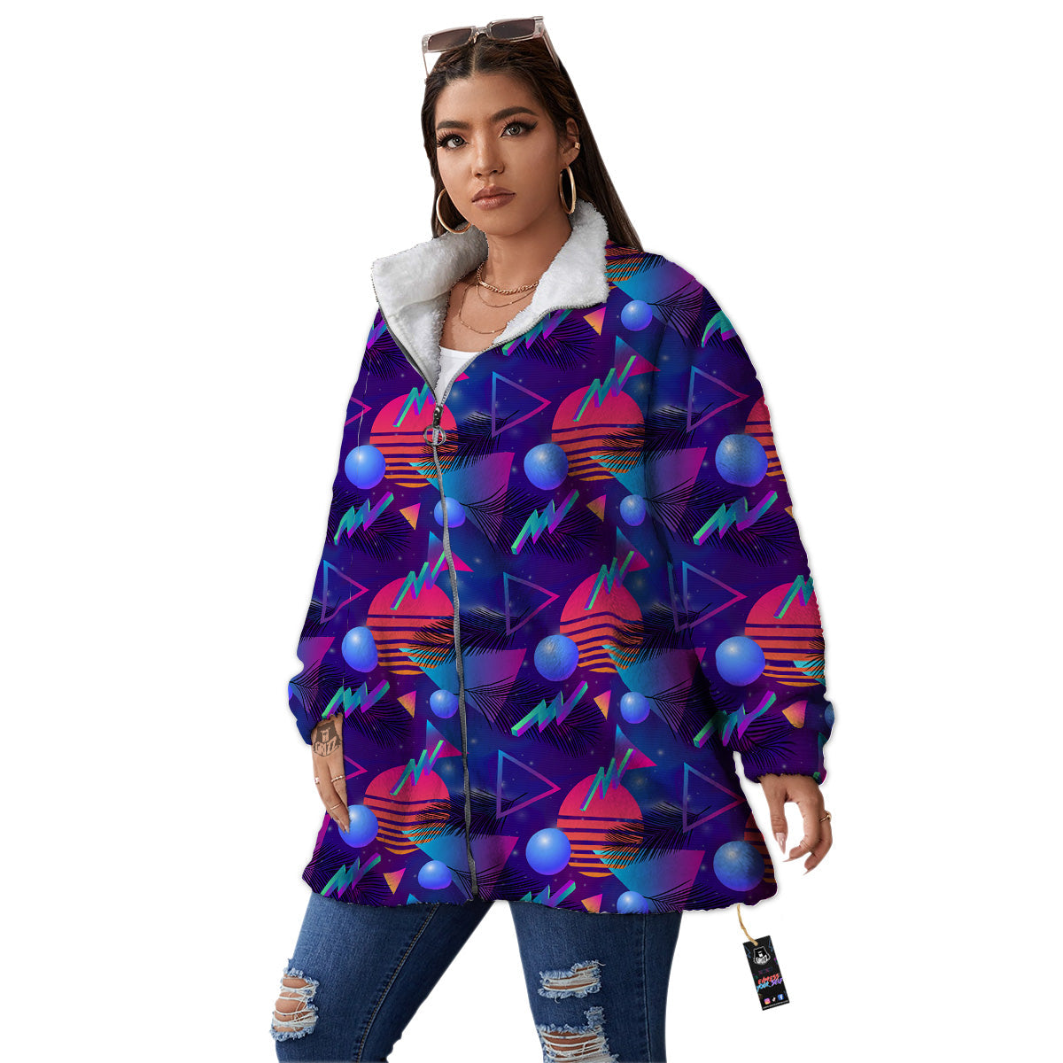 Retro Futuristic Neon Theme Print Pattern Women's Sherpa Jacket-grizzshop