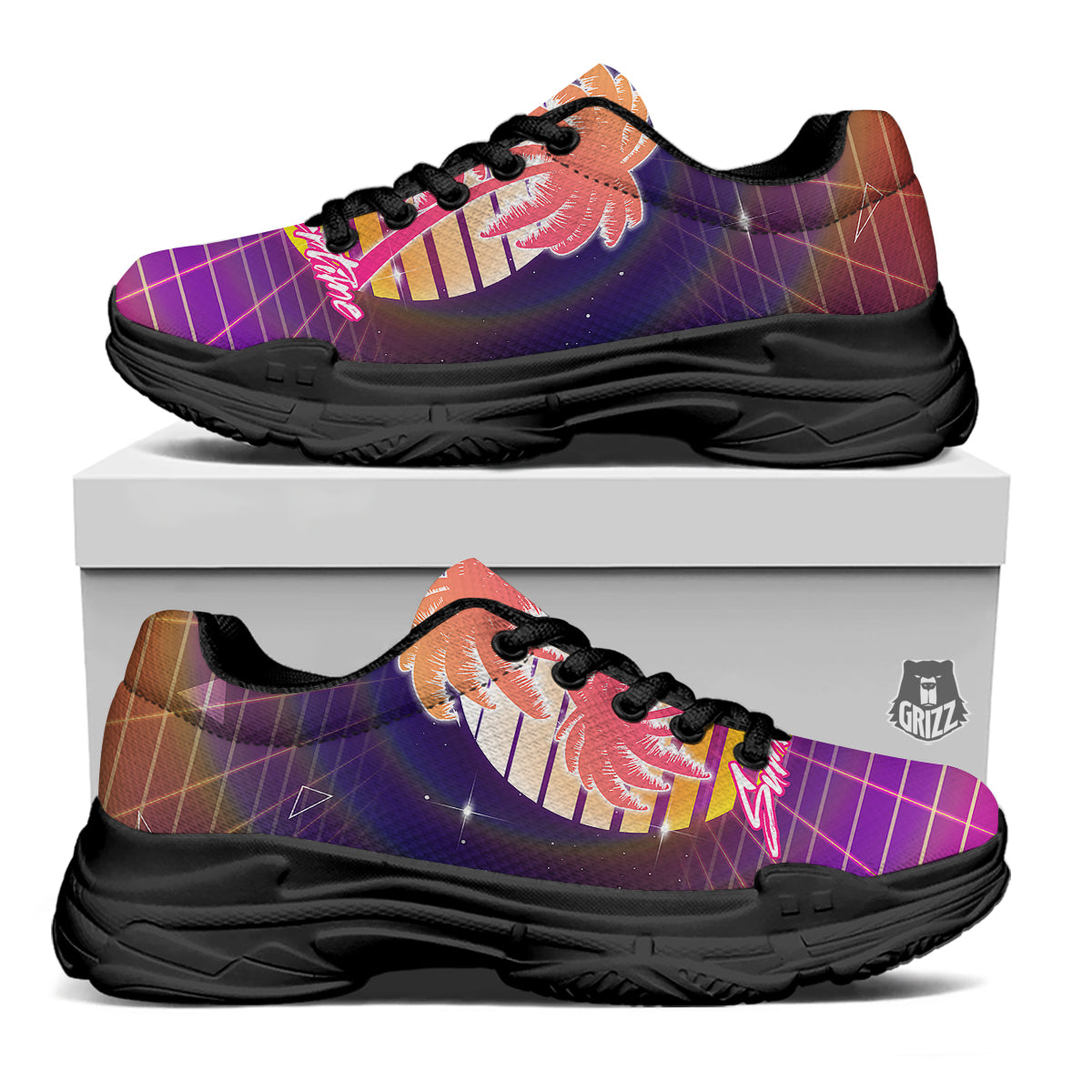 Retro Futuristic Palms Summer Time Print Black Chunky Shoes-grizzshop