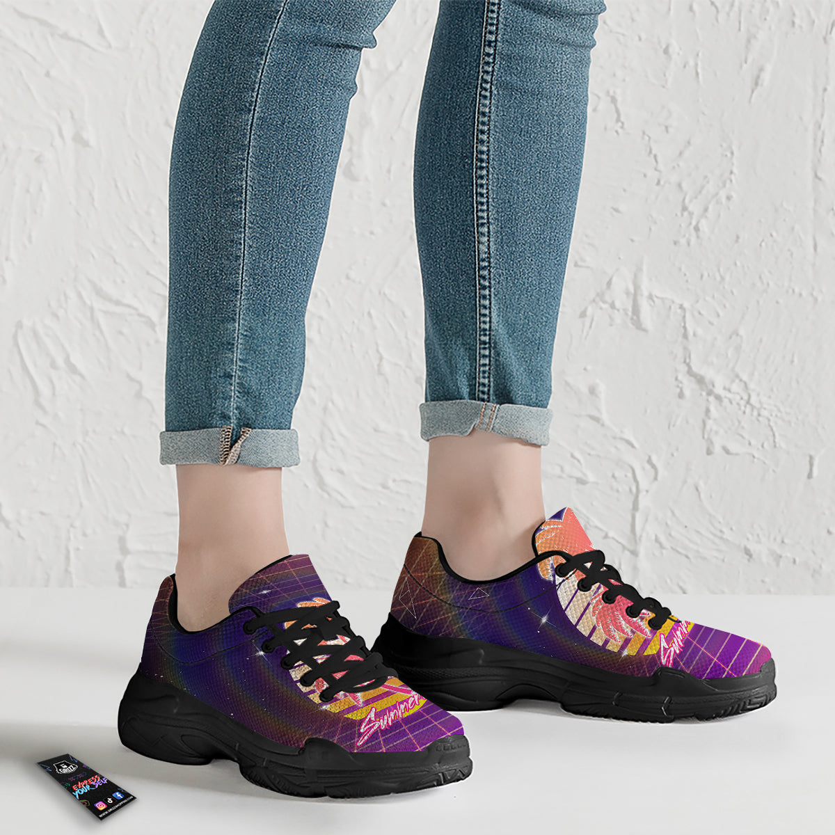 Retro Futuristic Palms Summer Time Print Black Chunky Shoes-grizzshop