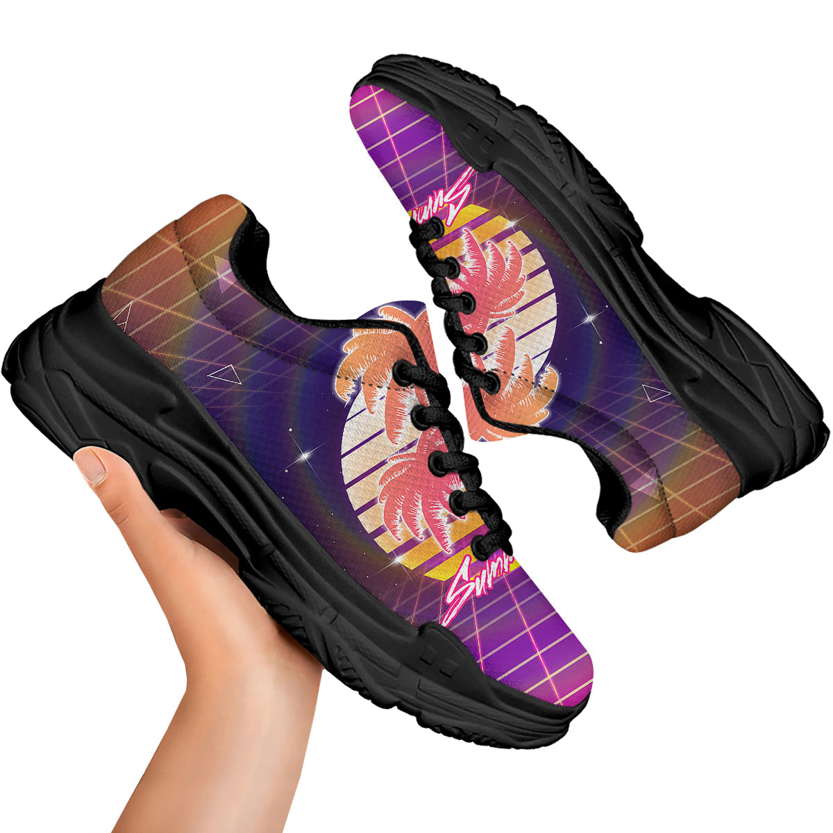 Retro Futuristic Palms Summer Time Print Black Chunky Shoes-grizzshop