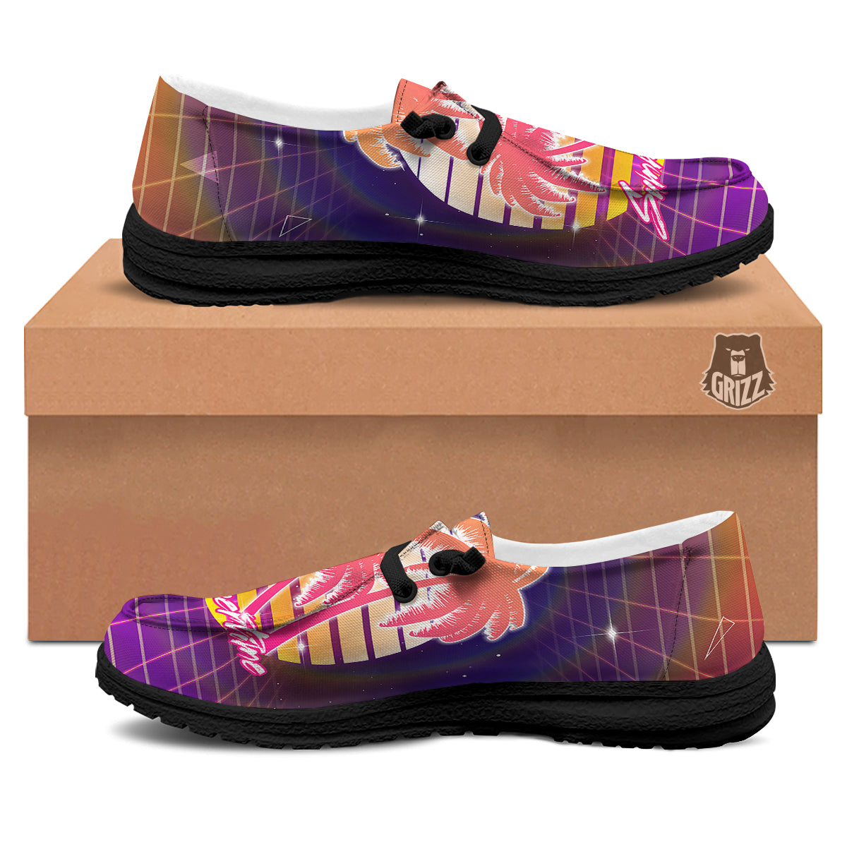 Retro Futuristic Palms Summer Time Print Black Loafers-grizzshop