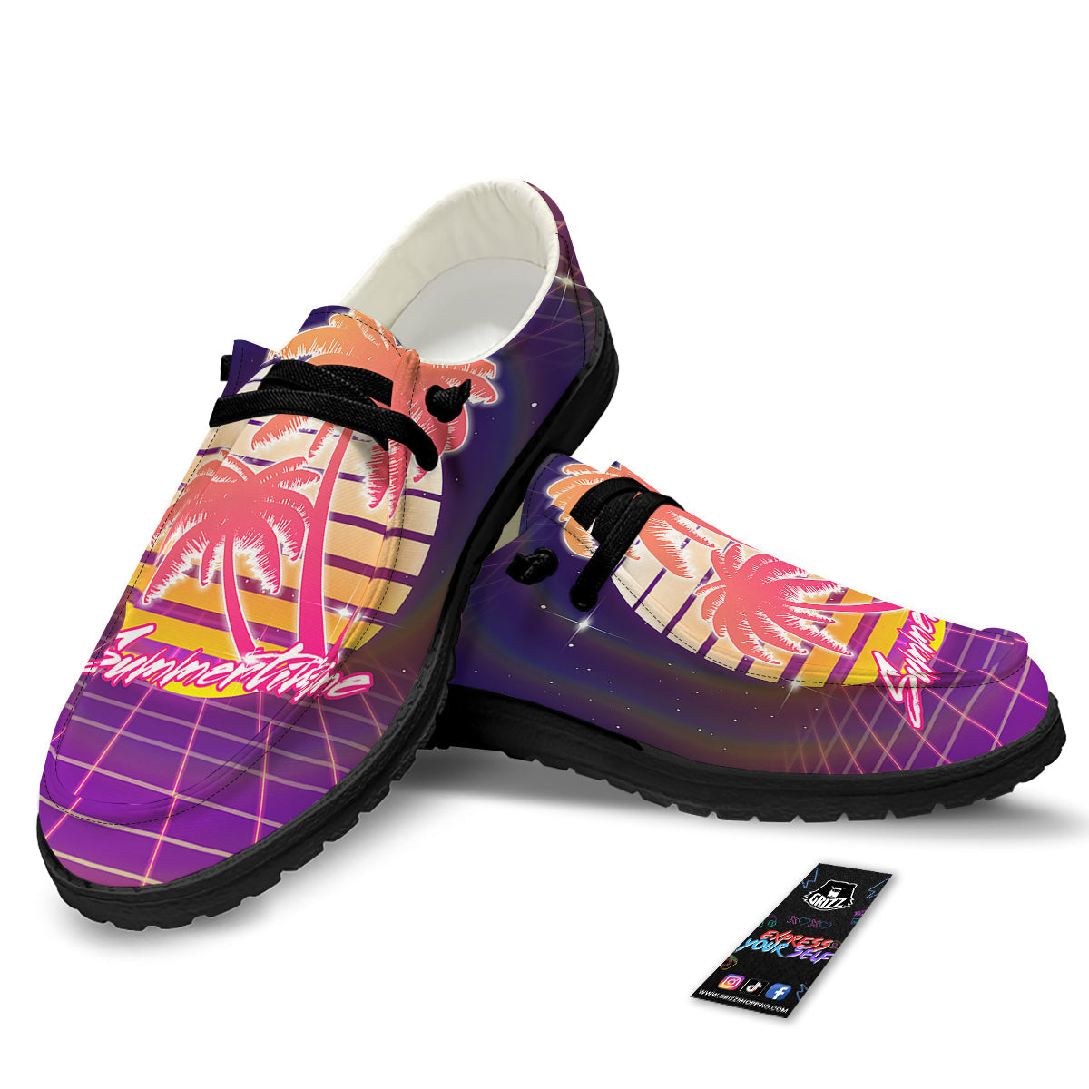 Retro Futuristic Palms Summer Time Print Black Loafers-grizzshop