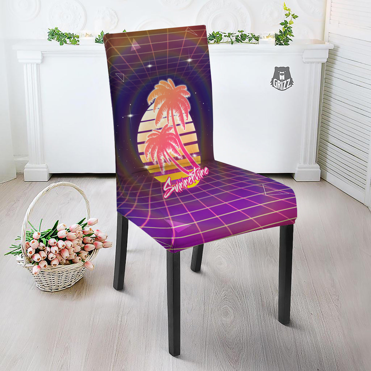 Retro Futuristic Palms Summer Time Print Dining Chair Slipcover-grizzshop