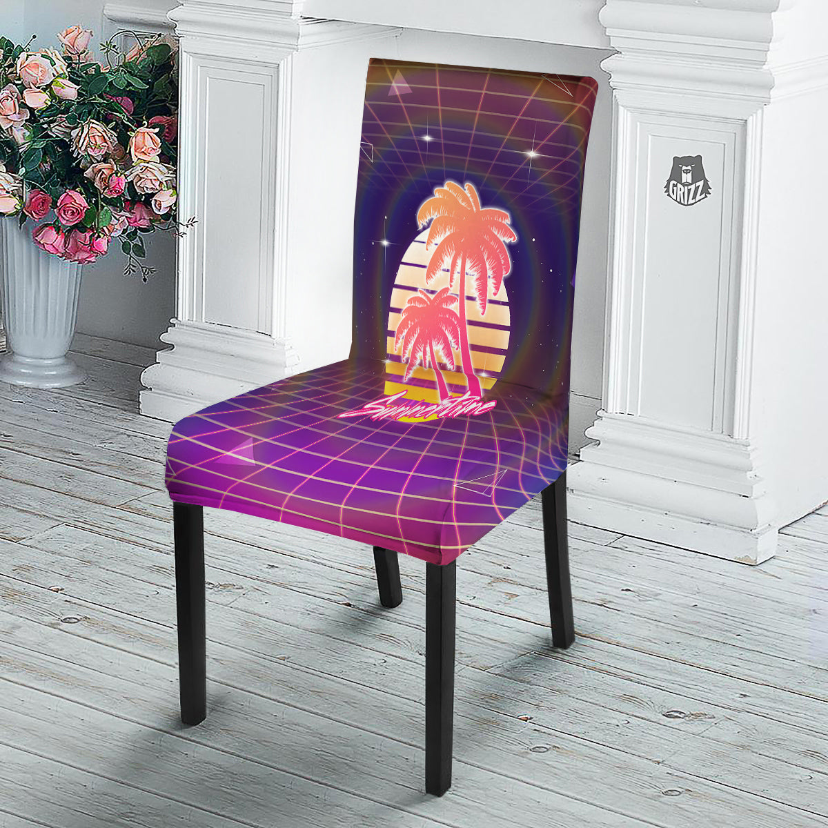 Retro Futuristic Palms Summer Time Print Dining Chair Slipcover-grizzshop