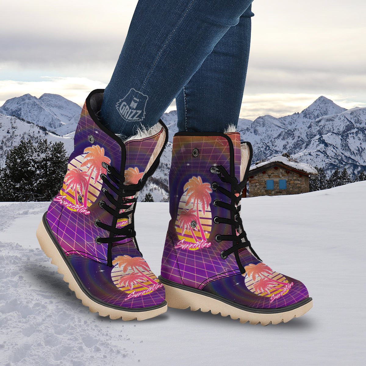 Retro Futuristic Palms Summer Time Print Snow Boots-grizzshop